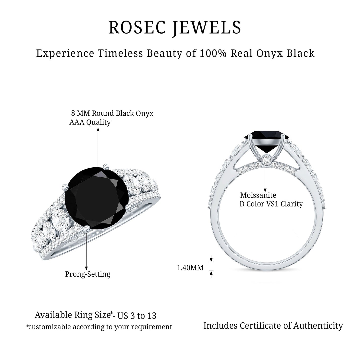 2 Carat Round Black Onyx Statement Engagement Ring with Moissanite Side Stones