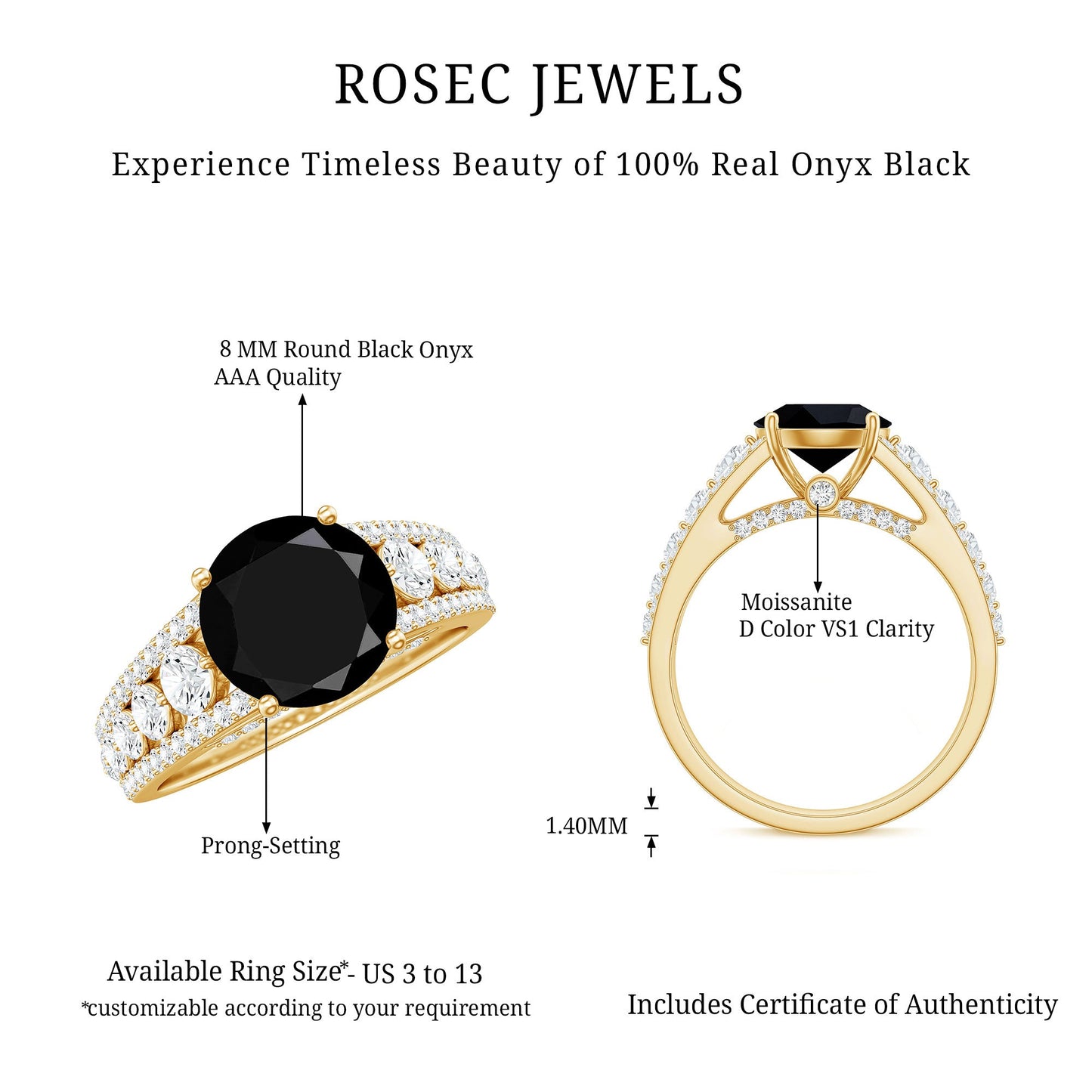 2 Carat Round Black Onyx Statement Engagement Ring with Moissanite Side Stones