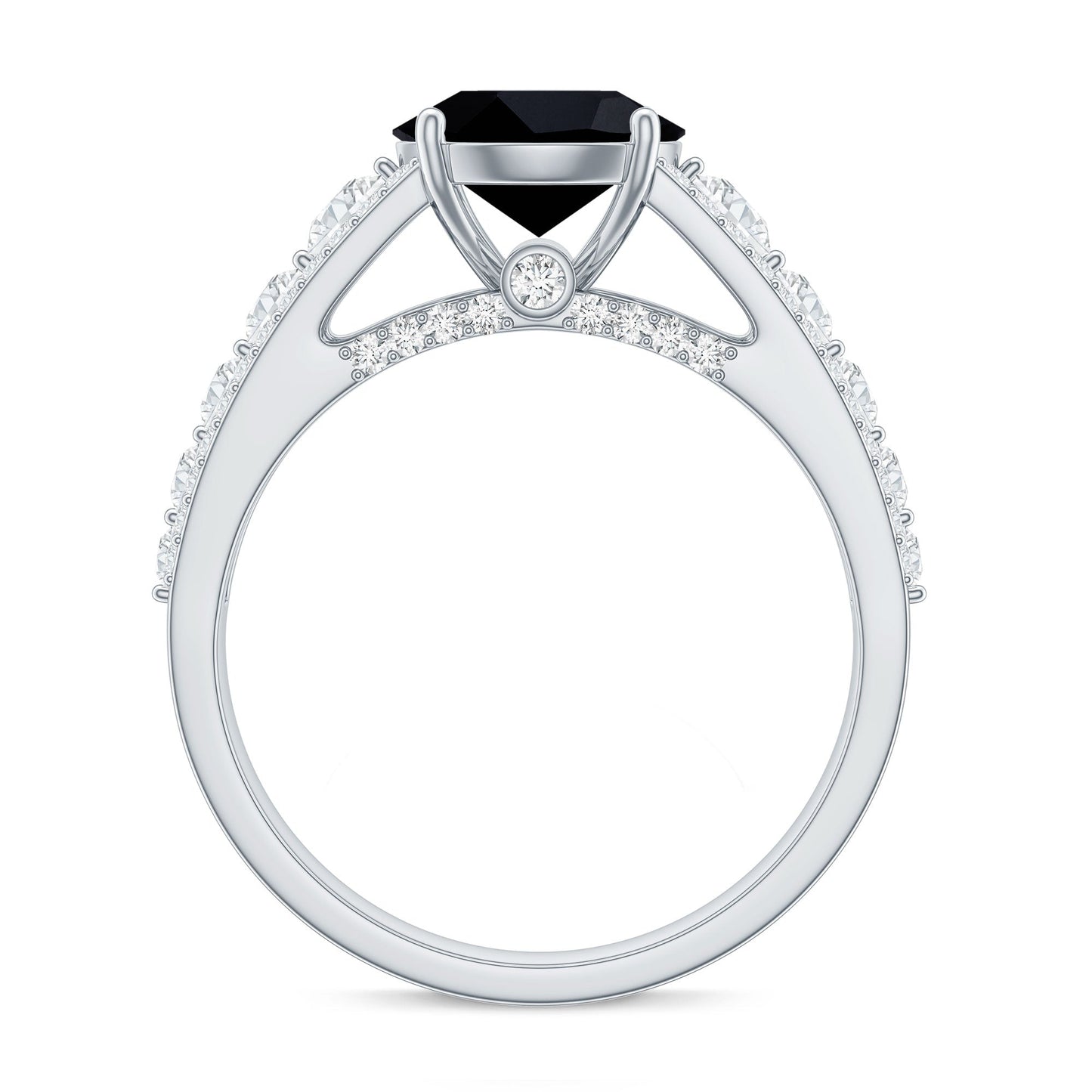 Real 2.6 Carat Black Spinel Engagement Ring with Moissanite Side Stones