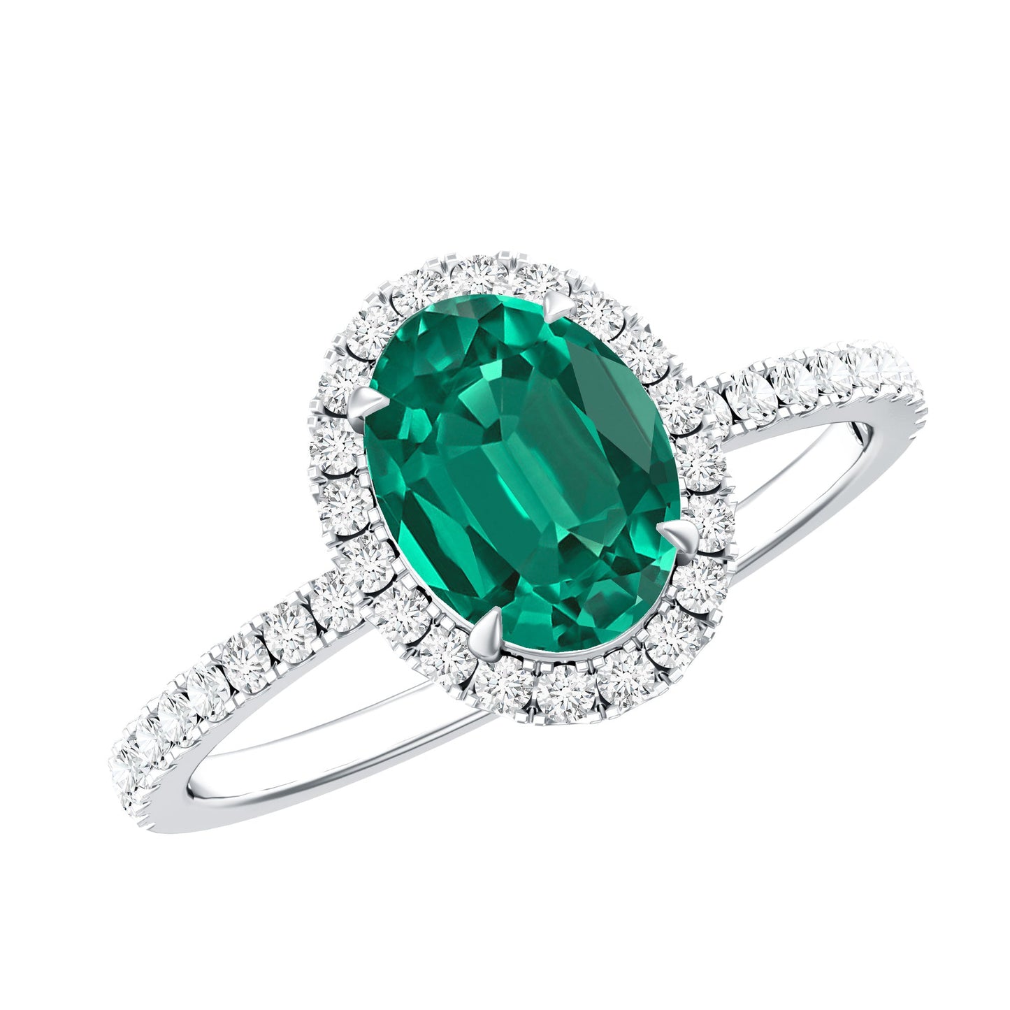 6x8mm Oval Cut Lab Created Emerald Halo Engagement Ring with Diamond