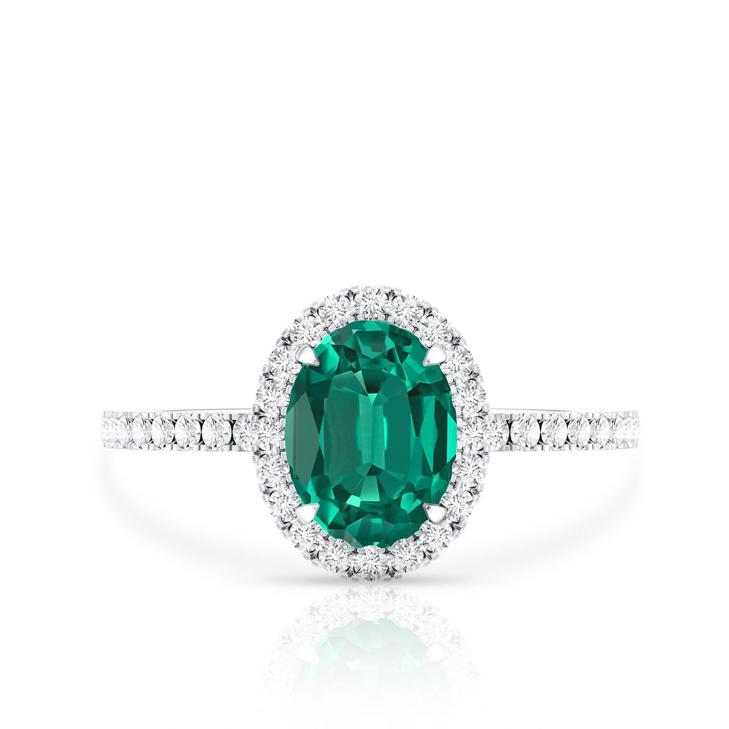 6x8mm Oval Cut Lab Created Emerald Halo Engagement Ring with Diamond