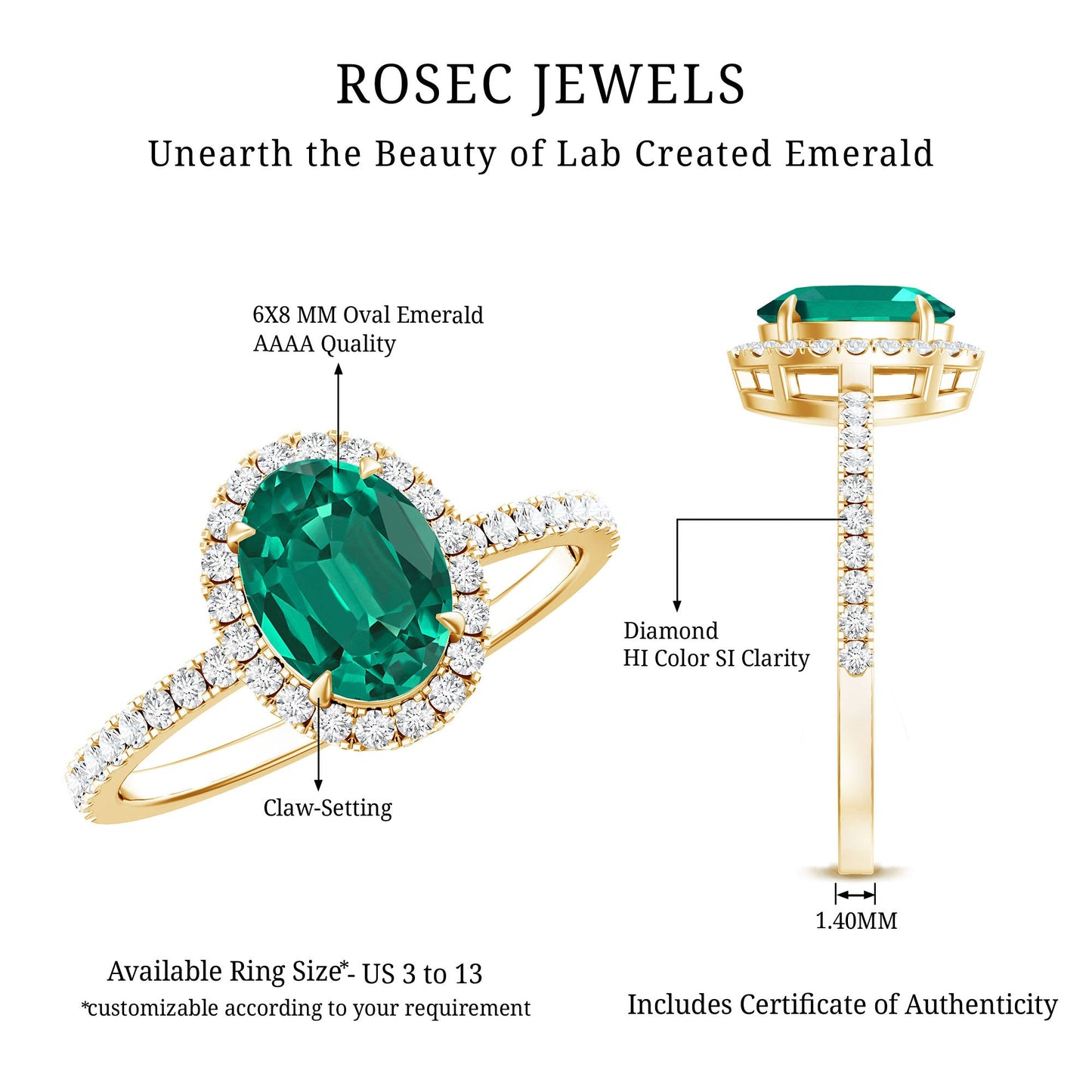6x8mm Oval Cut Lab Created Emerald Halo Engagement Ring with Diamond