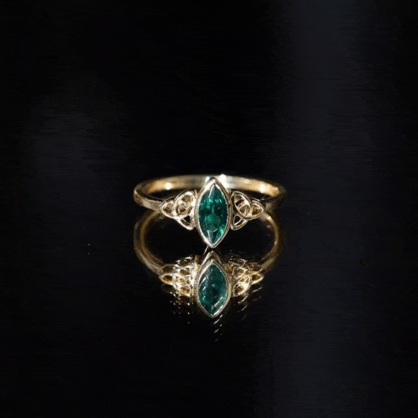 Certified 0.6 Carat Lab Grown Emerald Marquise Promise Ring with Celtic Knot