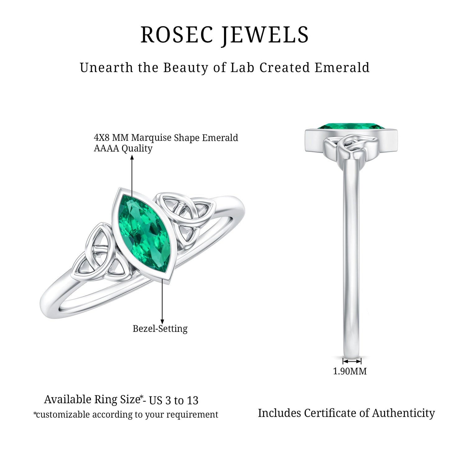 Certified 0.6 Carat Lab Grown Emerald Marquise Promise Ring with Celtic Knot