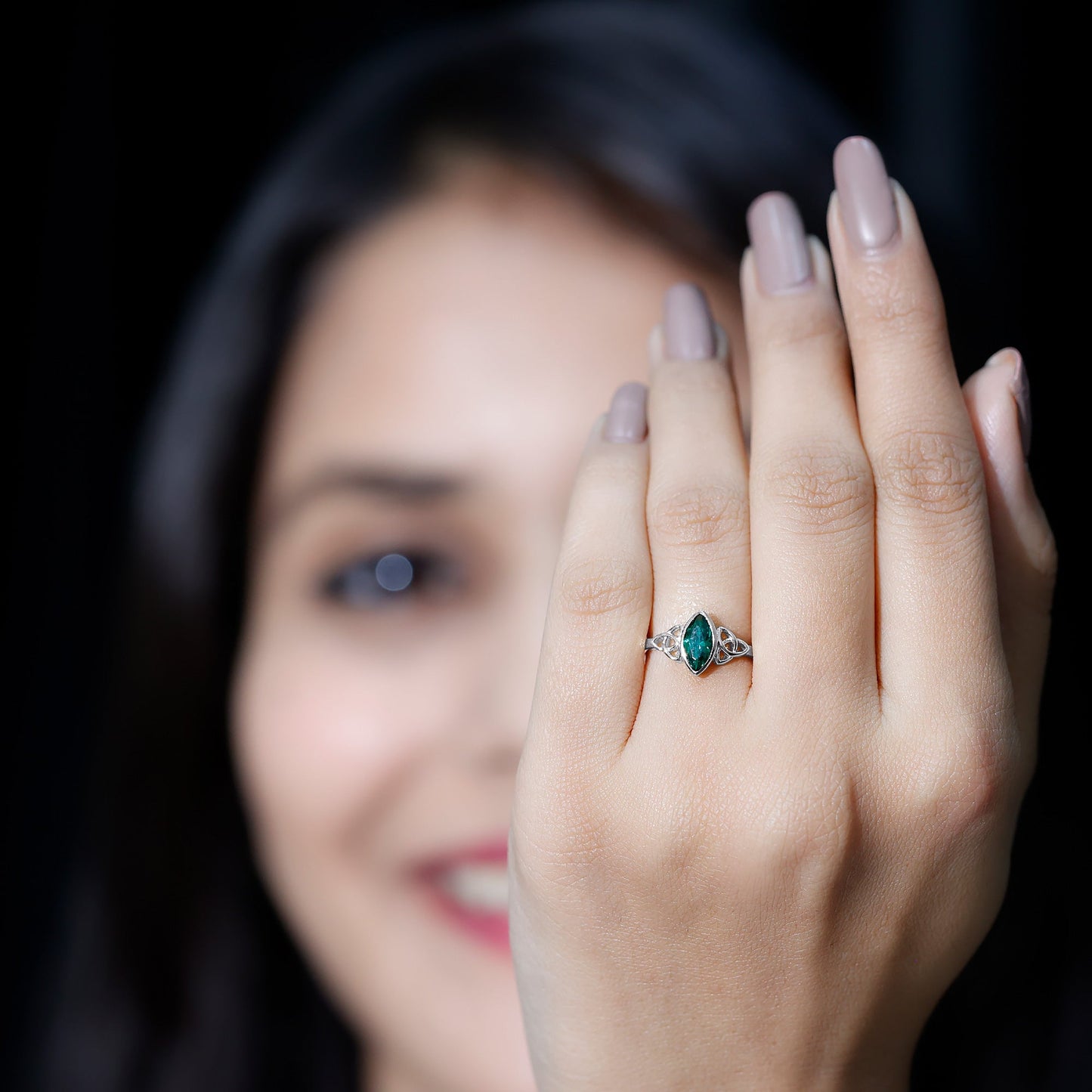 Certified 0.6 Carat Lab Grown Emerald Marquise Promise Ring with Celtic Knot