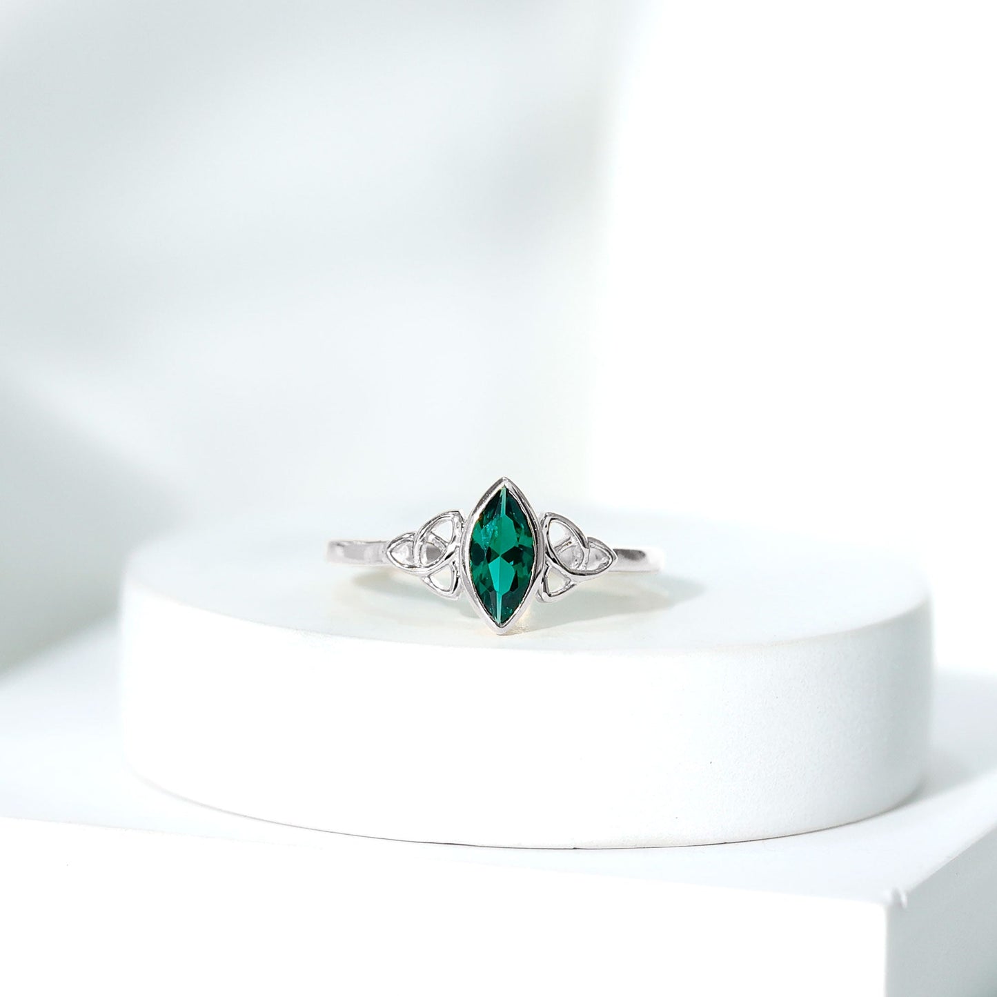 Certified 0.6 Carat Lab Grown Emerald Marquise Promise Ring with Celtic Knot