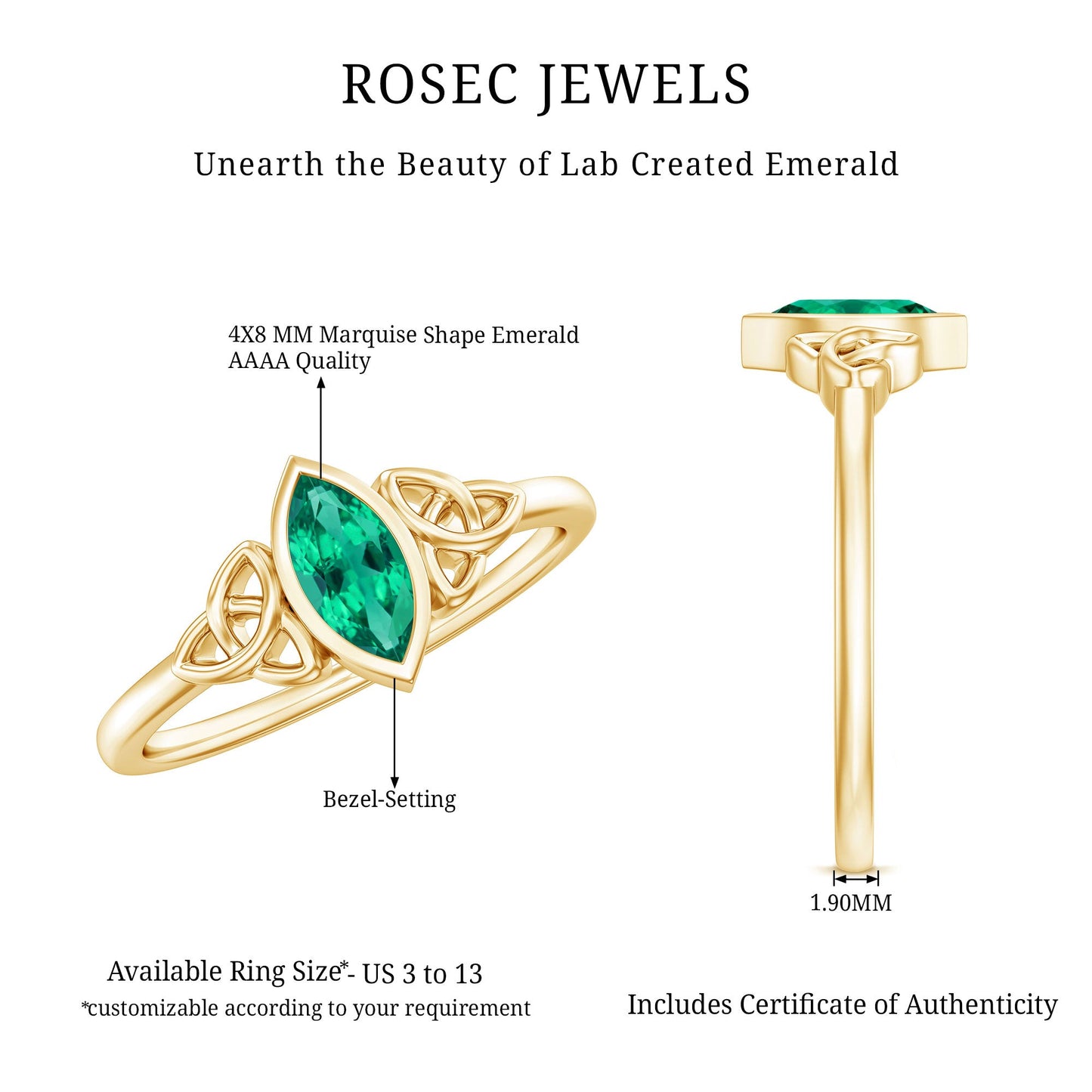 Certified 0.6 Carat Lab Grown Emerald Marquise Promise Ring with Celtic Knot