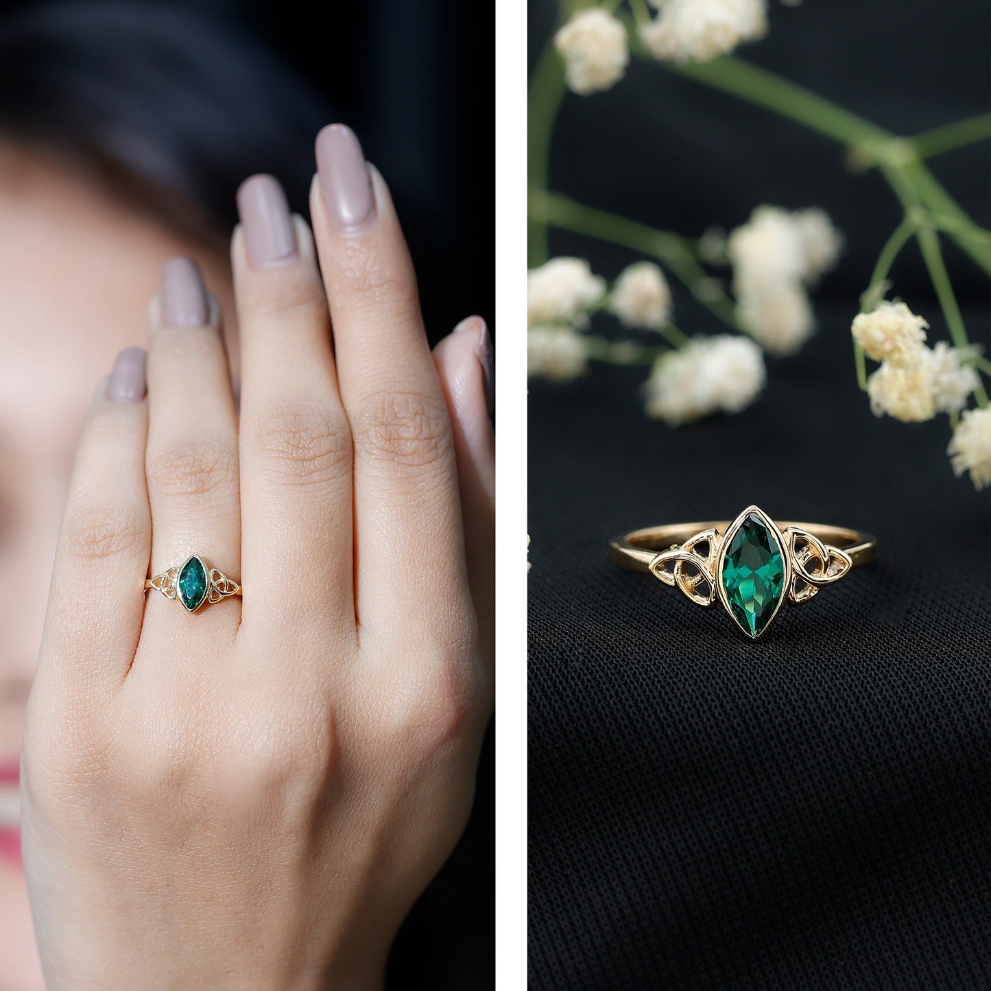 Certified 0.6 Carat Lab Grown Emerald Marquise Promise Ring with Celtic Knot