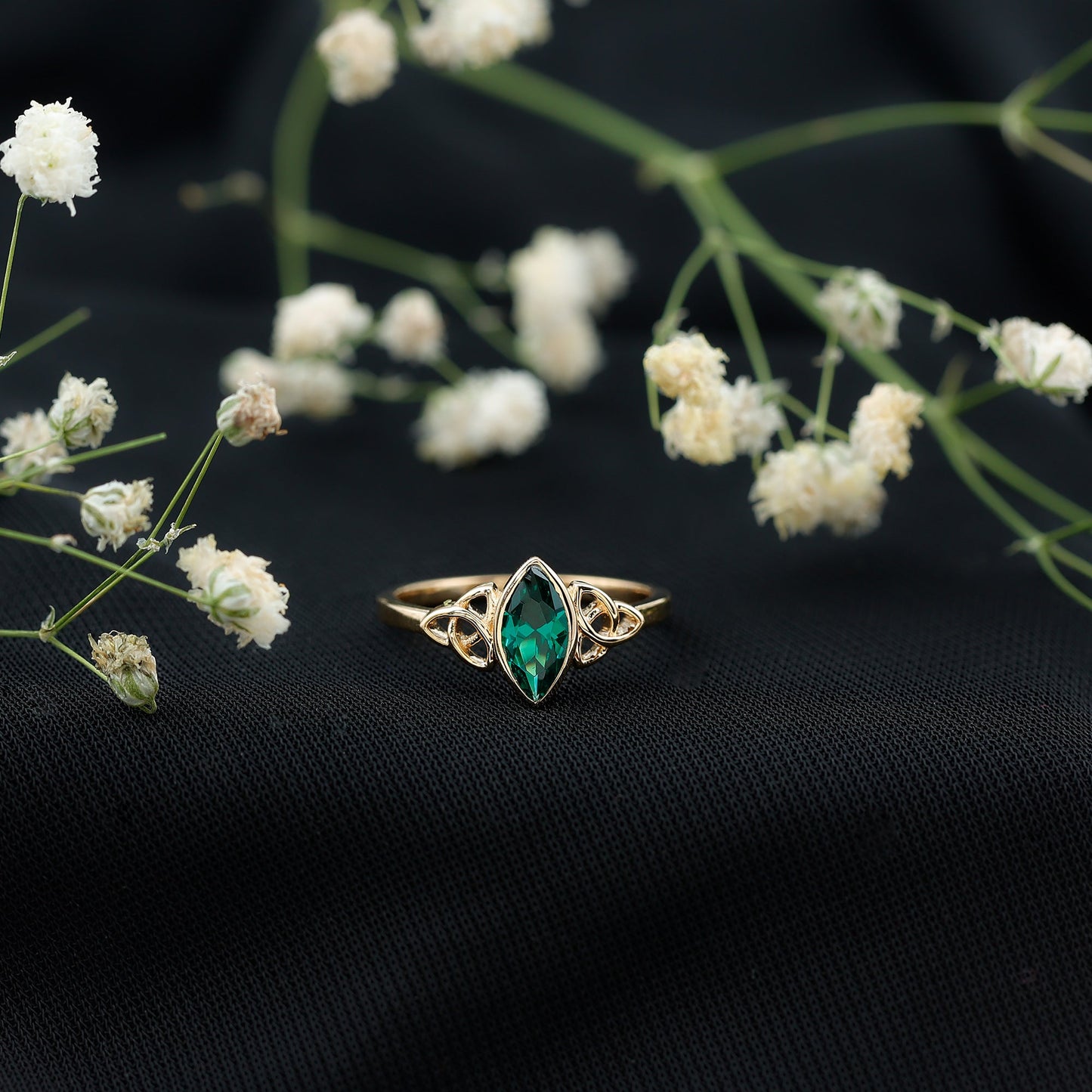 Certified 0.6 Carat Lab Grown Emerald Marquise Promise Ring with Celtic Knot