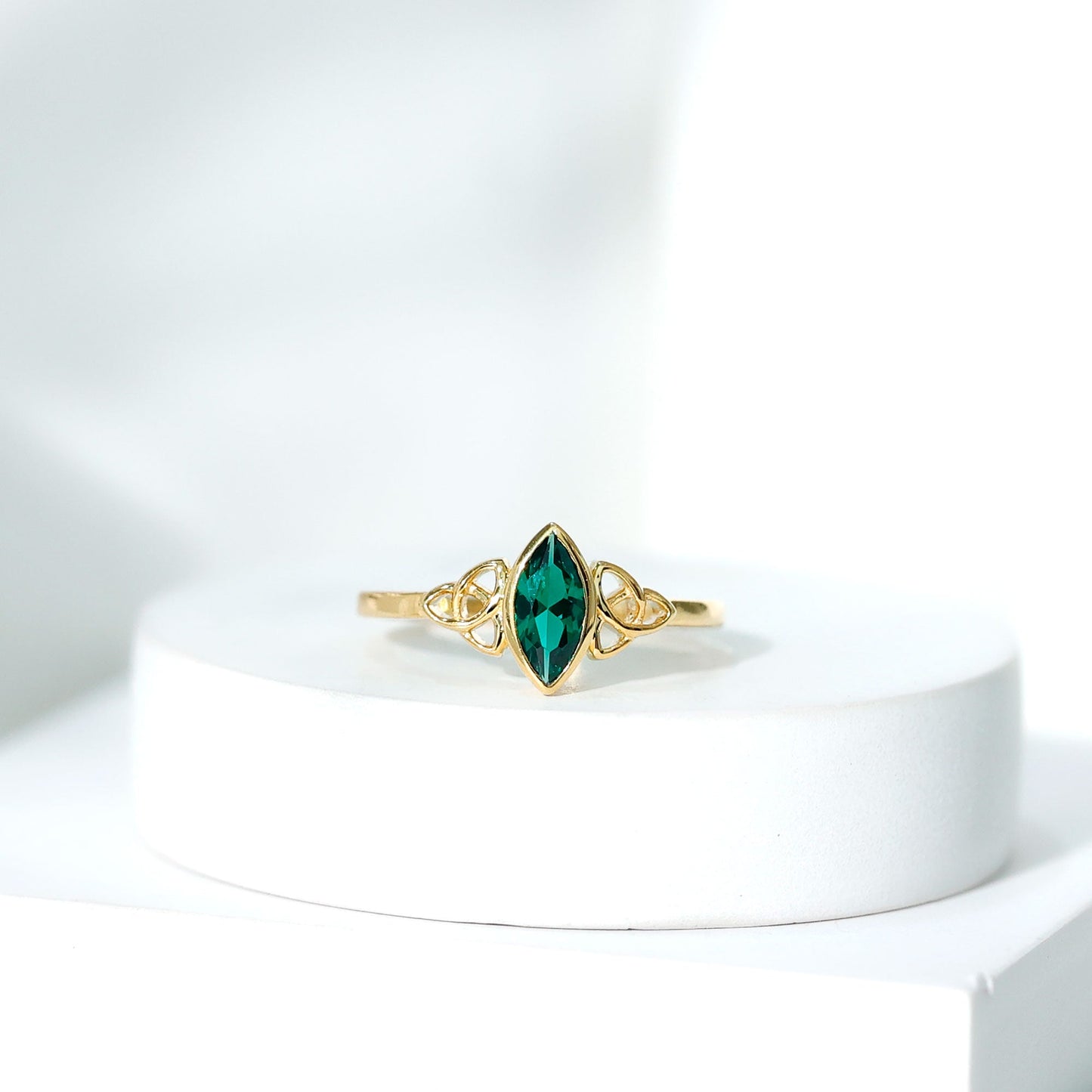 Certified 0.6 Carat Lab Grown Emerald Marquise Promise Ring with Celtic Knot