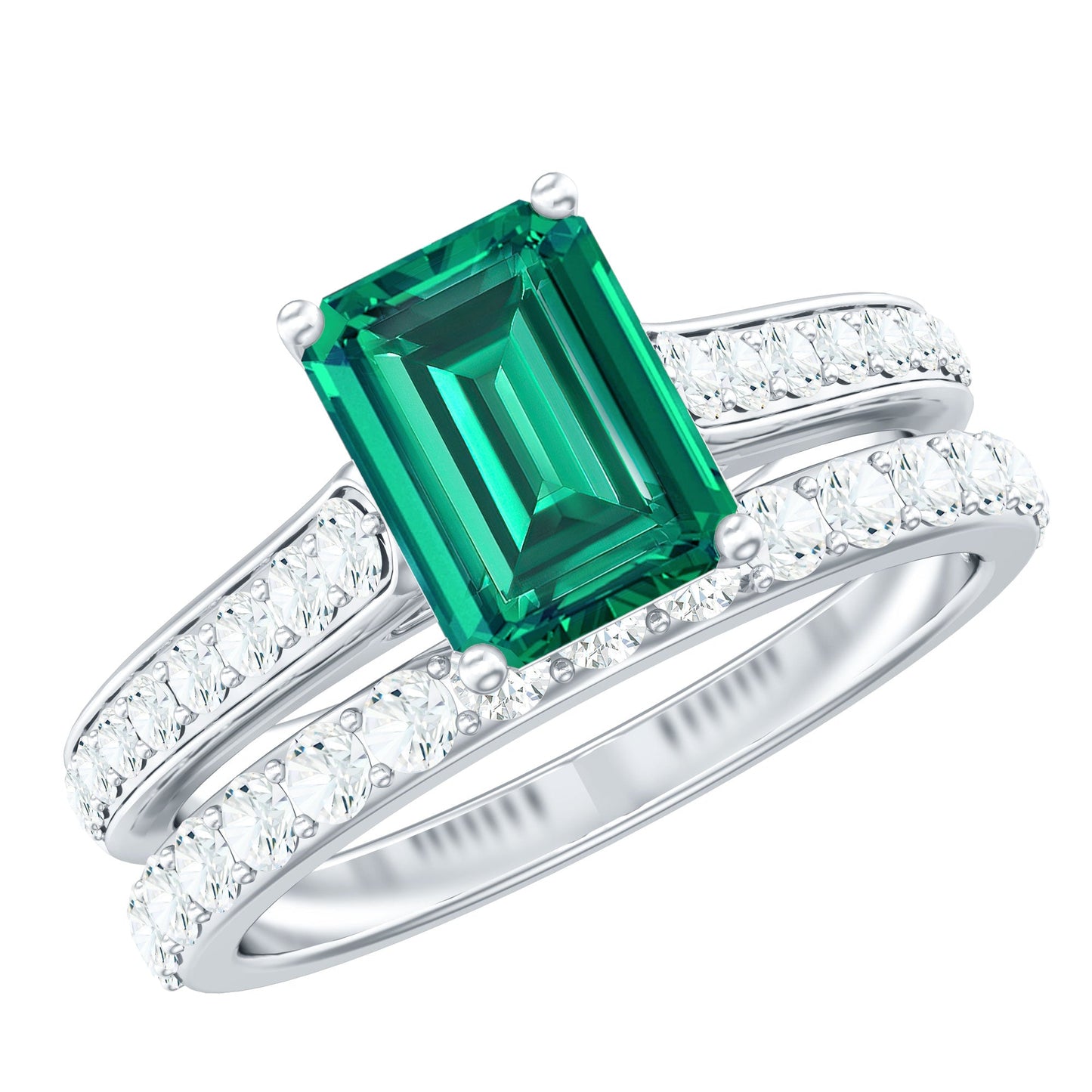 Lab Grown 1.6 Carat Emerald Cut Emerald Engagement Ring with Wedding Band
