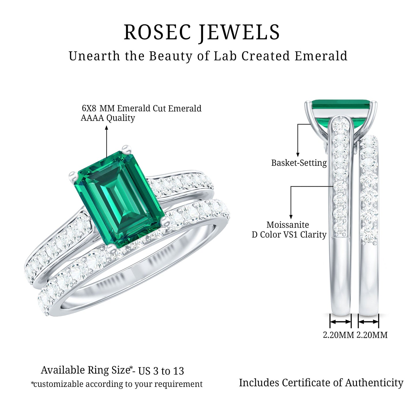 Lab Grown 1.6 Carat Emerald Cut Emerald Engagement Ring with Wedding Band