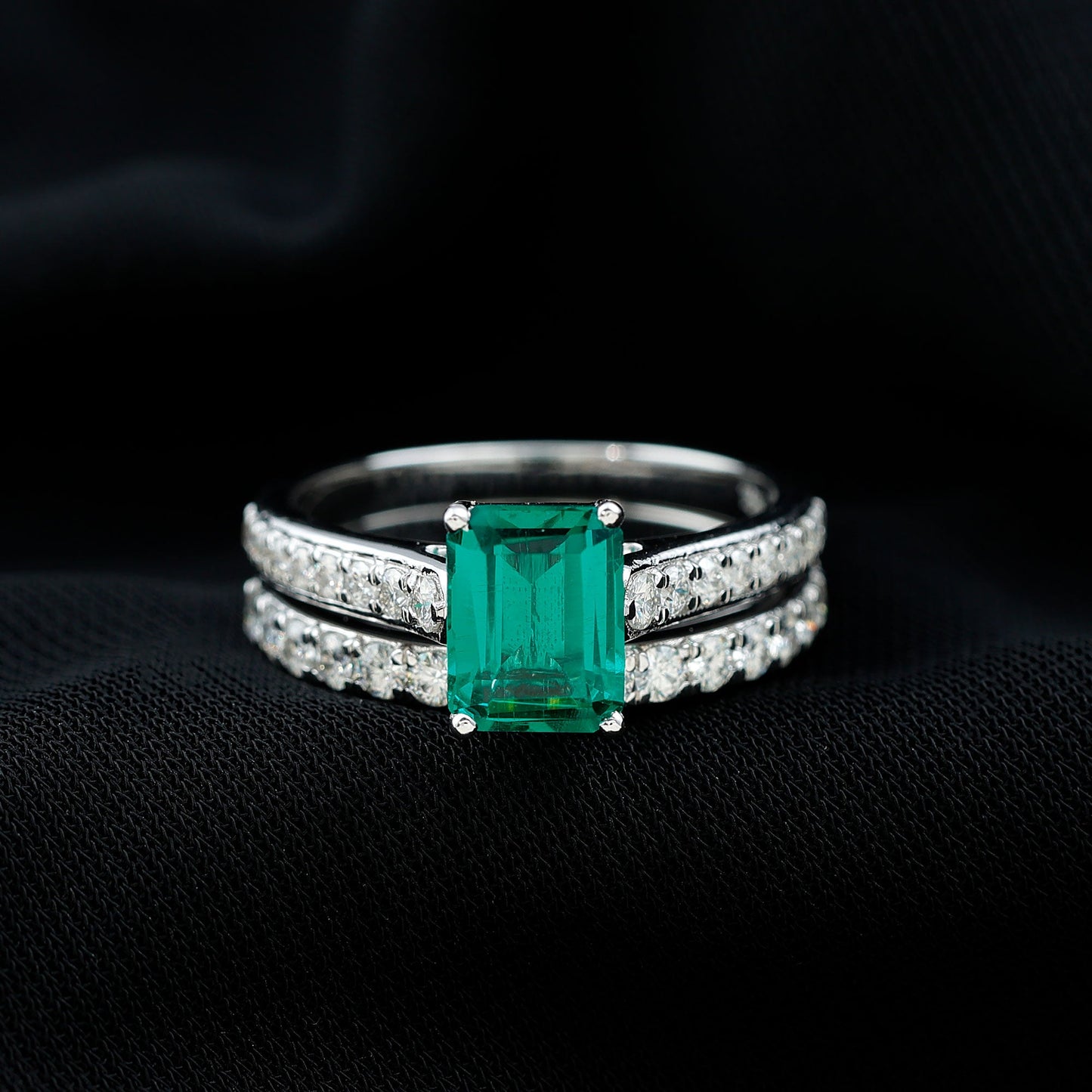 Lab Grown 1.6 Carat Emerald Cut Emerald Engagement Ring with Wedding Band