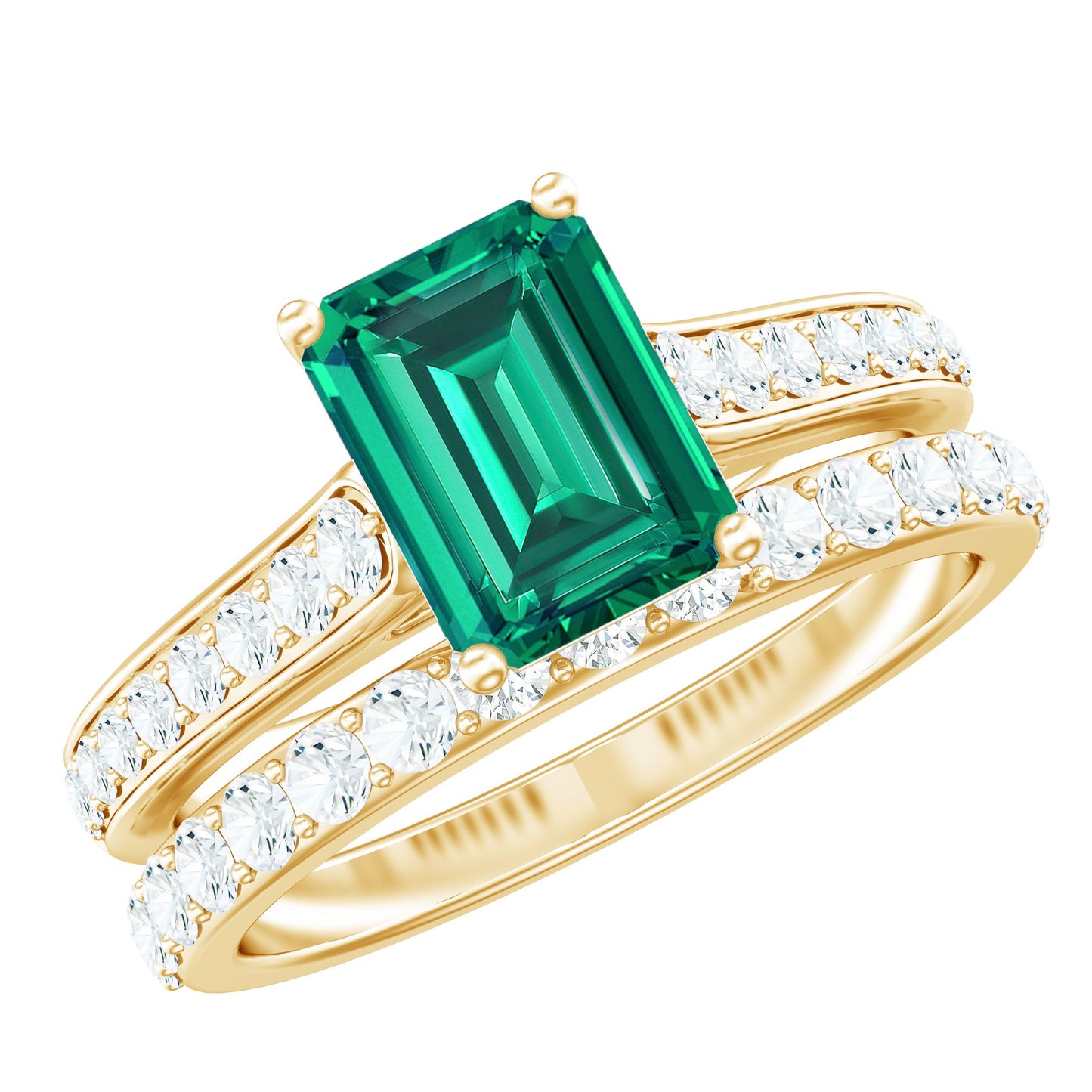 Lab Grown 1.6 Carat Emerald Cut Emerald Engagement Ring with Wedding Band