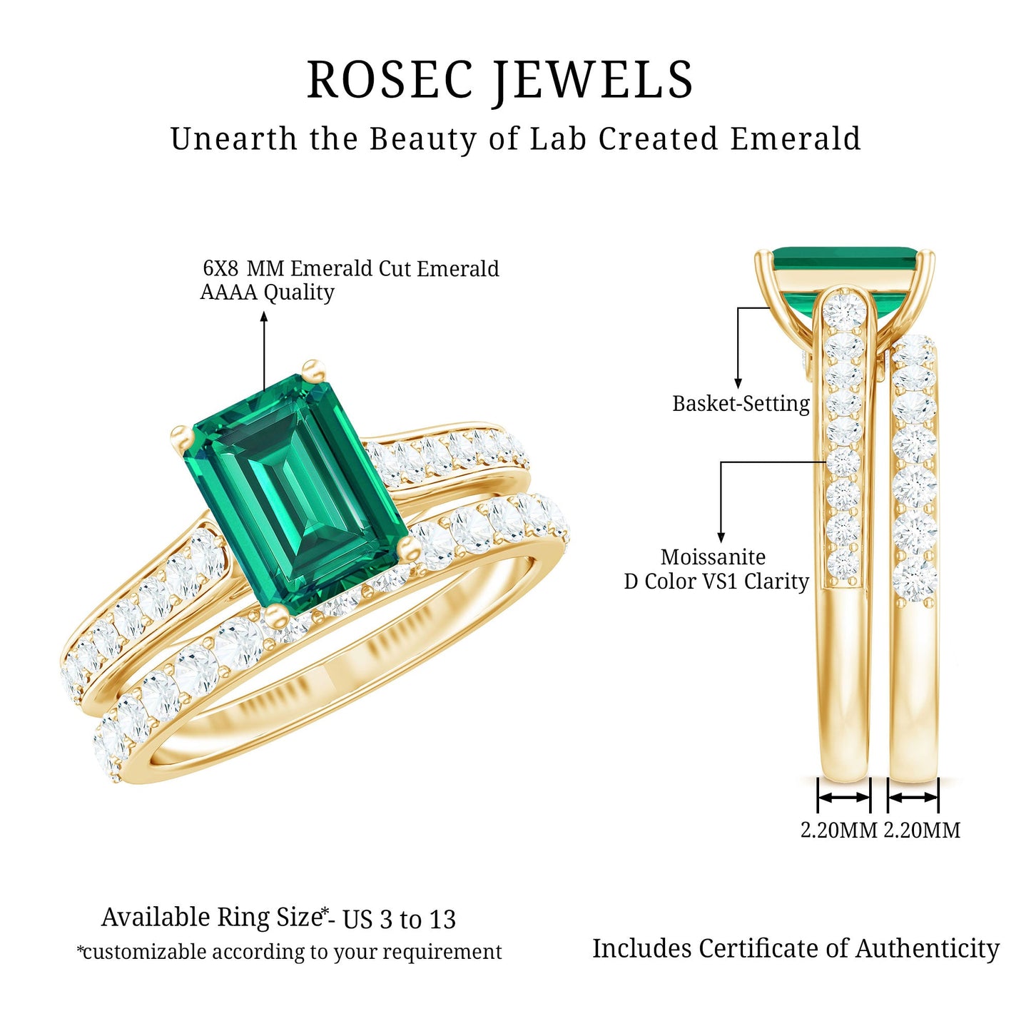 Lab Grown 1.6 Carat Emerald Cut Emerald Engagement Ring with Wedding Band