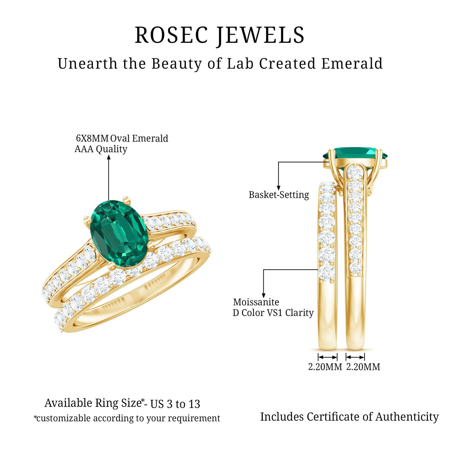 Certified 1.2 Carat Oval Lab Grown Emerald Wedding Bridal Ring Set of 2
