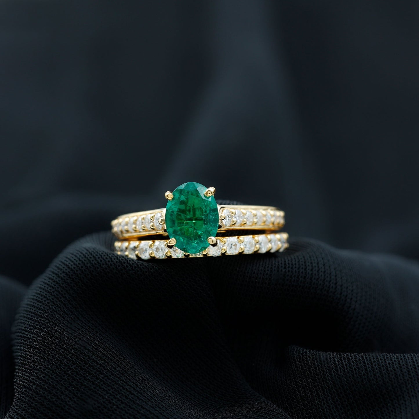 Certified 1.2 Carat Oval Lab Grown Emerald Wedding Bridal Ring Set of 2