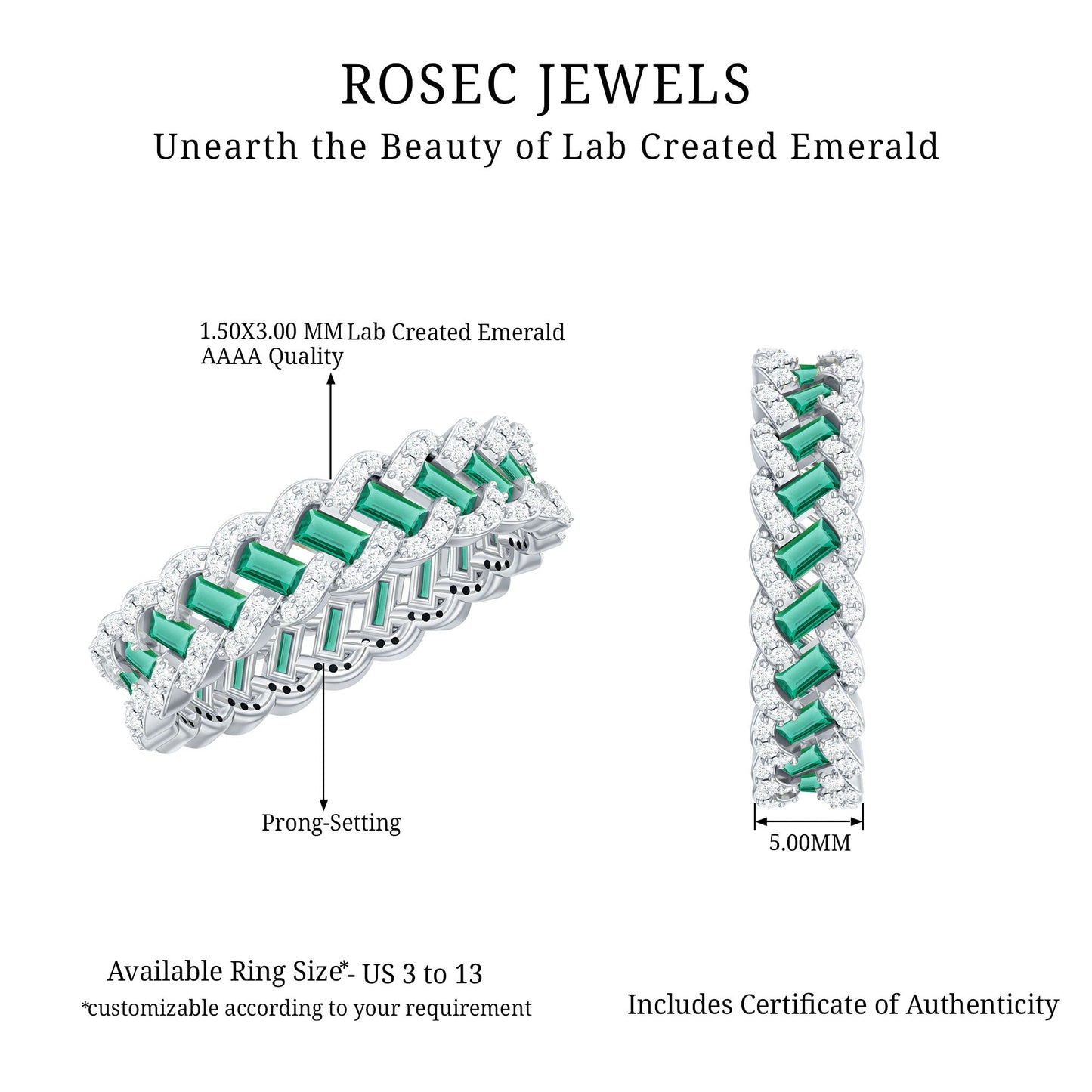 Certified Baguette Lab Grown Emerald Braided Wedding Band with Moissanite