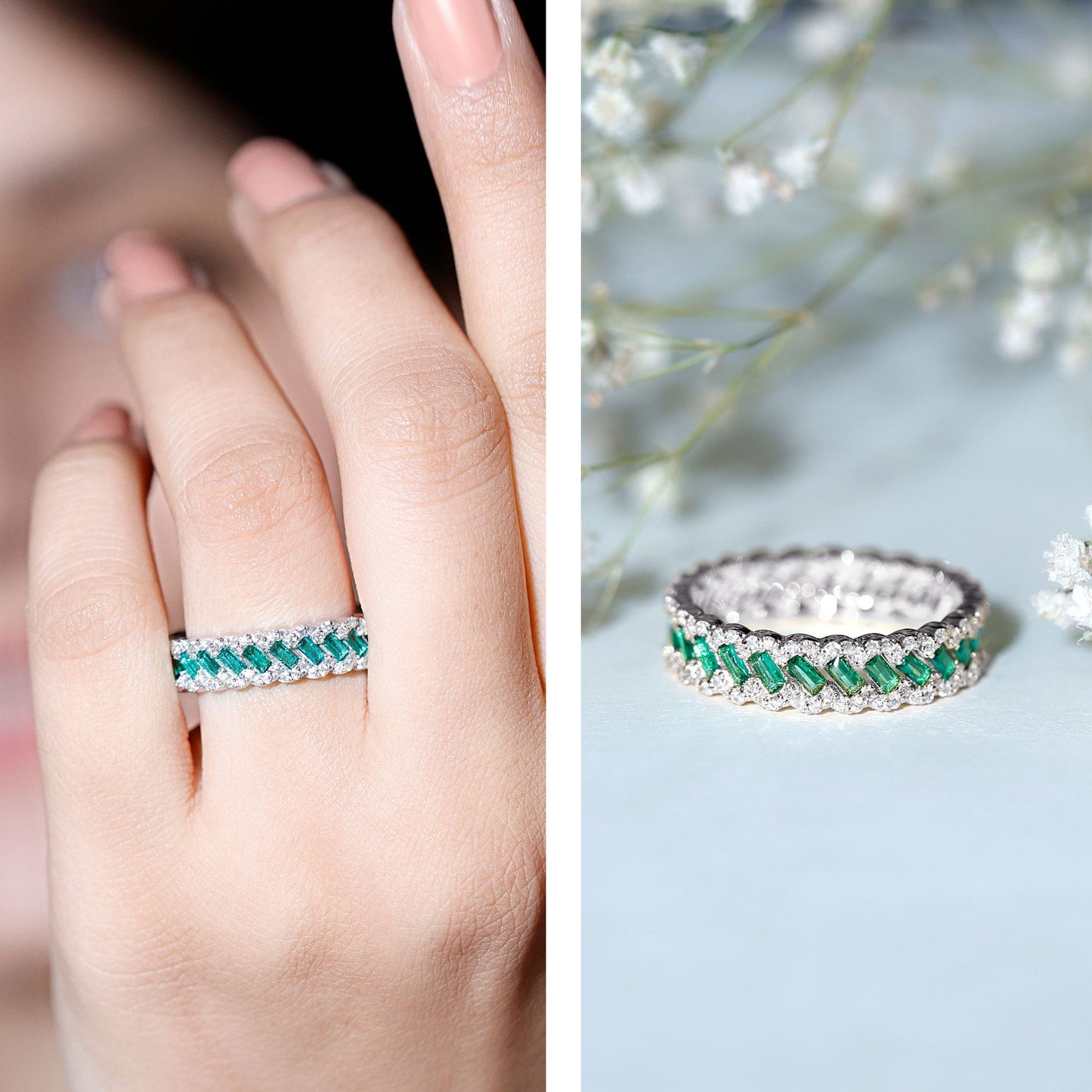 Certified Baguette Lab Grown Emerald Braided Wedding Band with Moissanite
