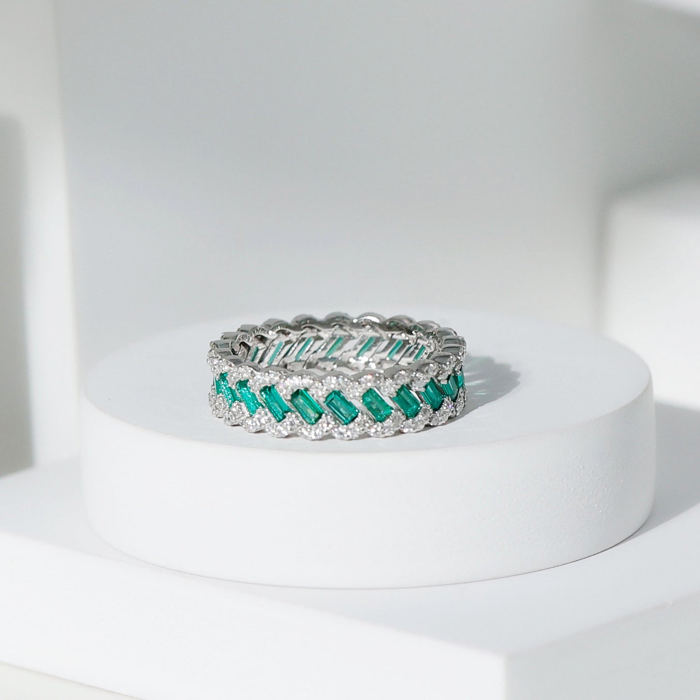 Certified Baguette Lab Grown Emerald Braided Wedding Band with Moissanite