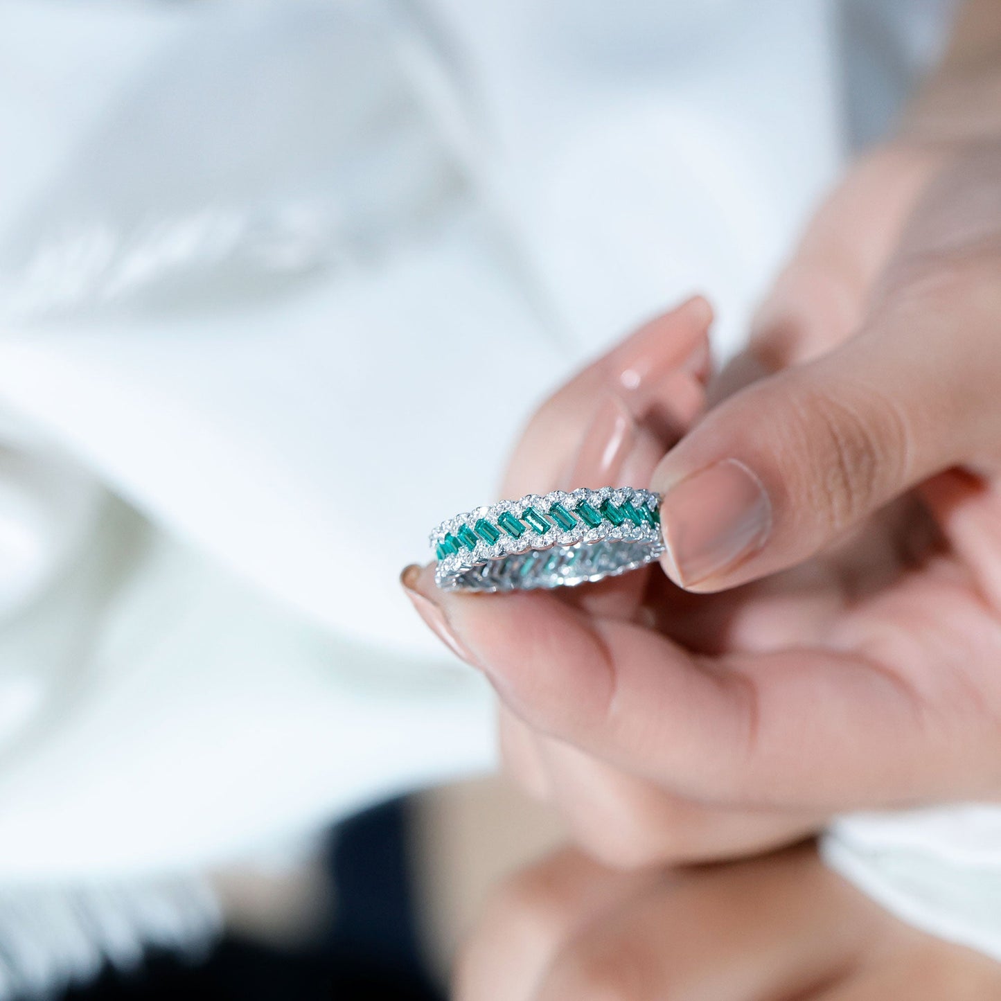 Certified Baguette Lab Grown Emerald Braided Wedding Band with Moissanite