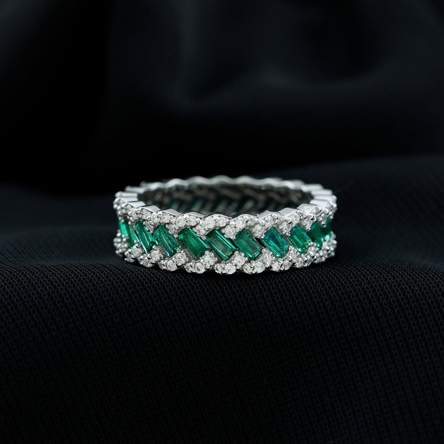 Certified Baguette Lab Grown Emerald Braided Wedding Band with Moissanite
