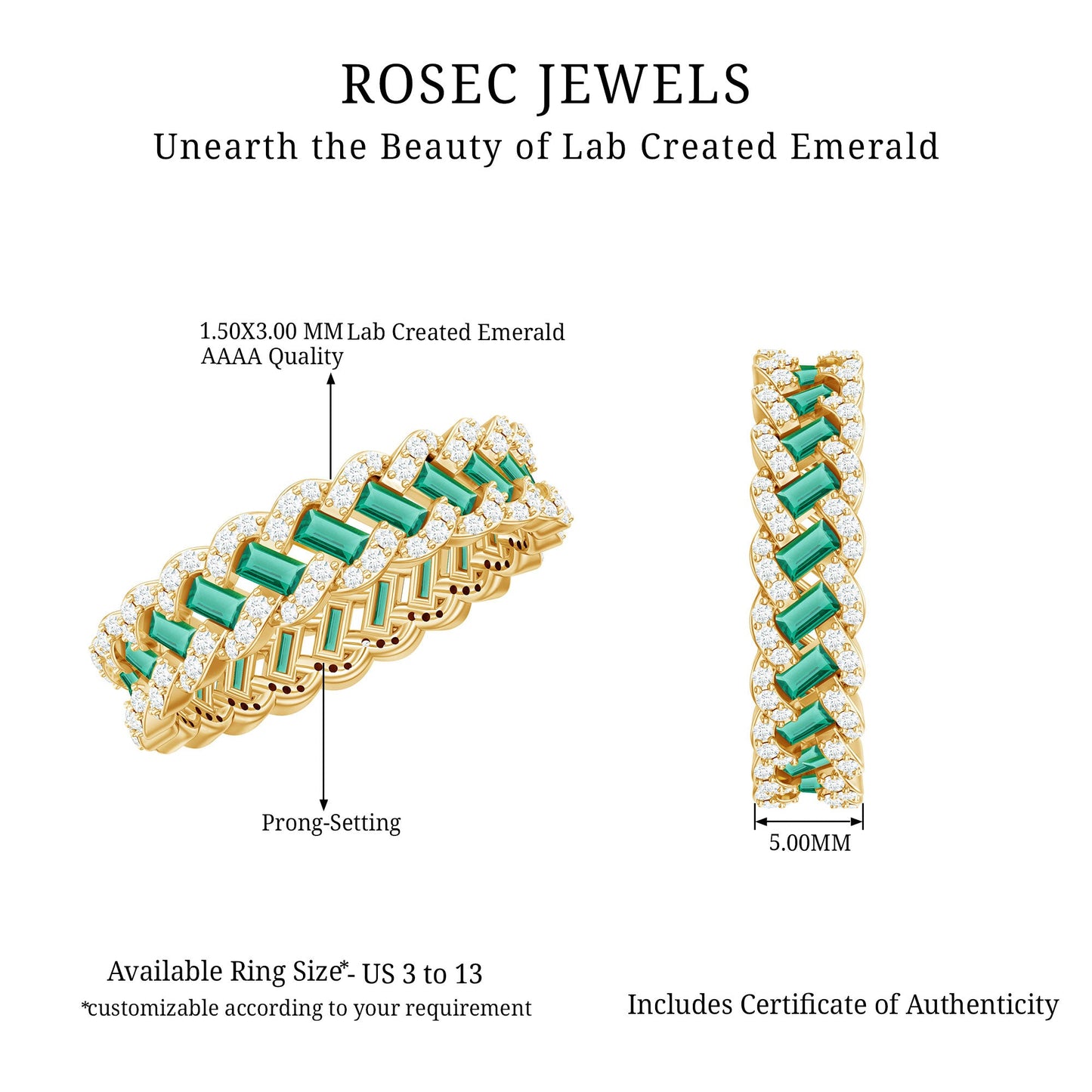 Certified Baguette Lab Grown Emerald Braided Wedding Band with Moissanite