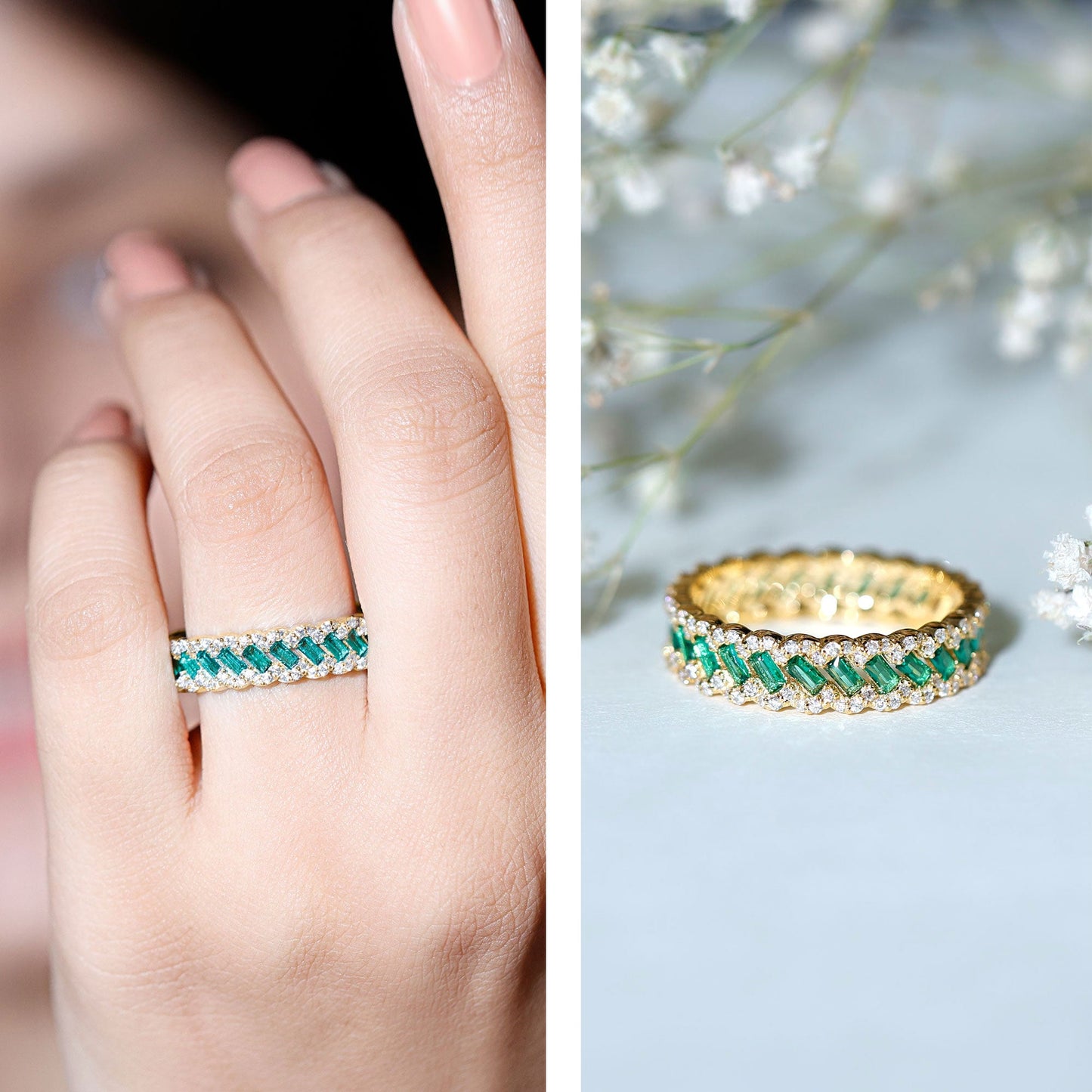 Certified Baguette Lab Grown Emerald Braided Wedding Band with Moissanite