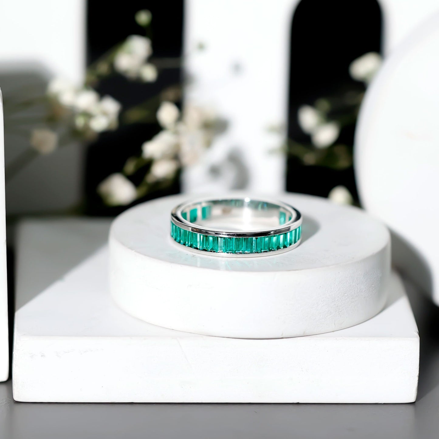 Channel Set Baguette Cut Created Emerald Eternity Band Ring