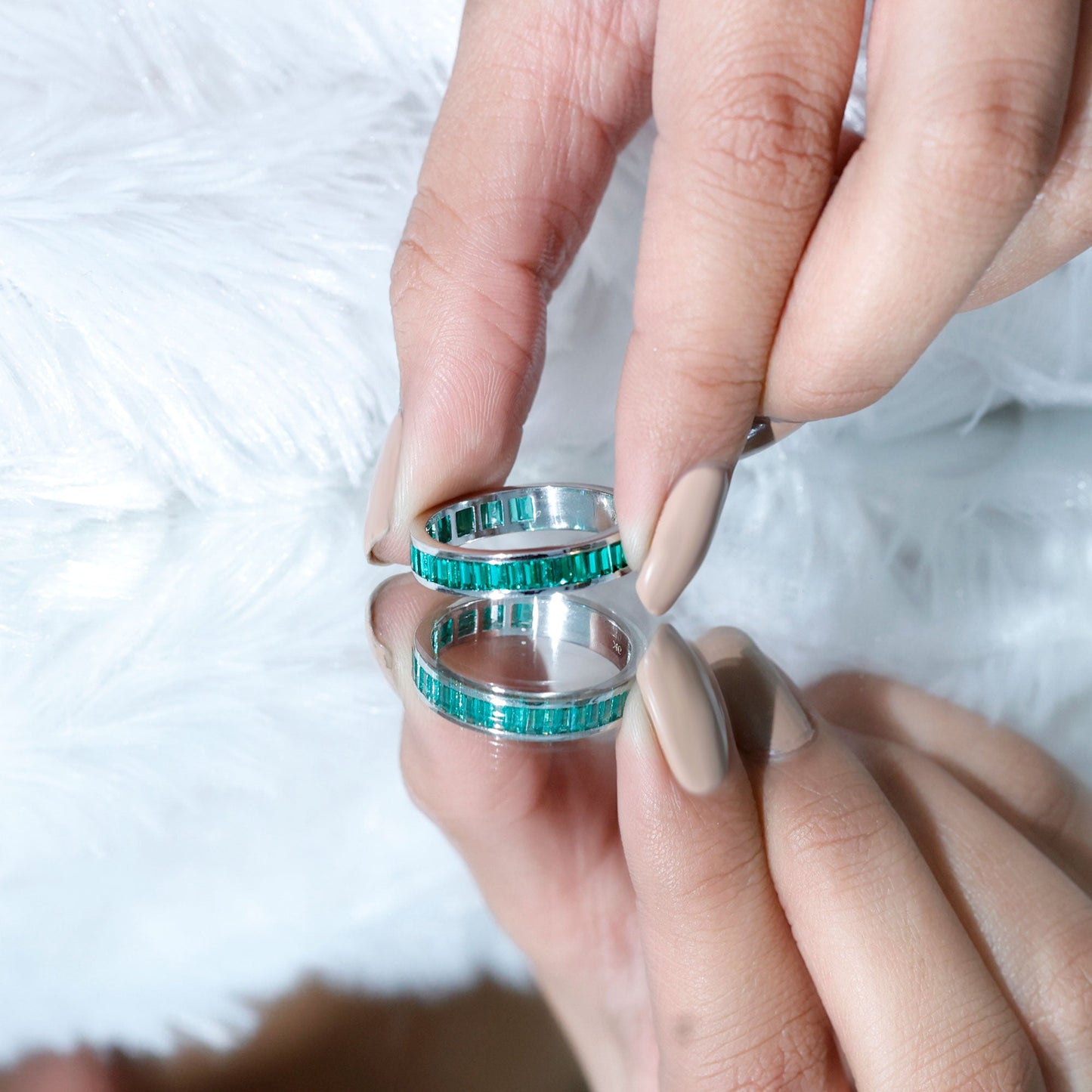 Channel Set Baguette Cut Created Emerald Eternity Band Ring