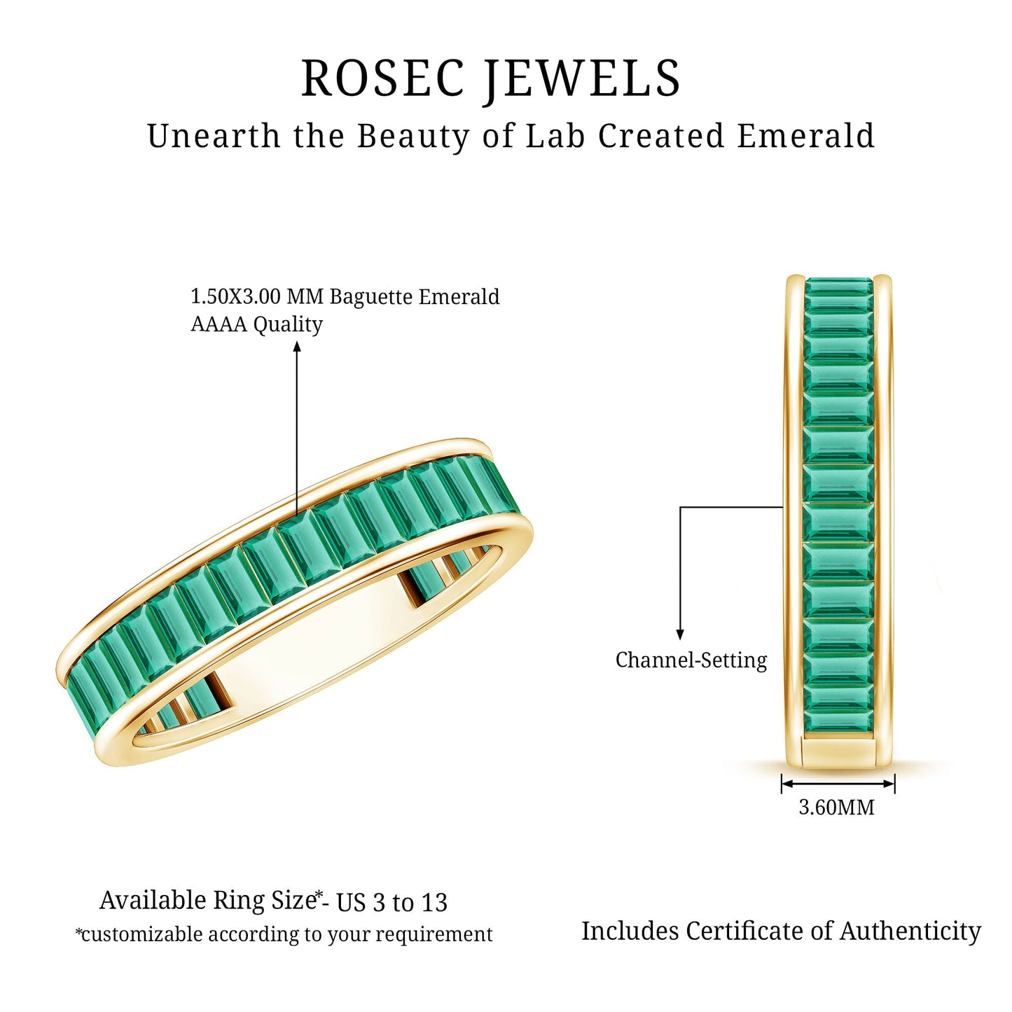 Channel Set Baguette Cut Created Emerald Eternity Band Ring