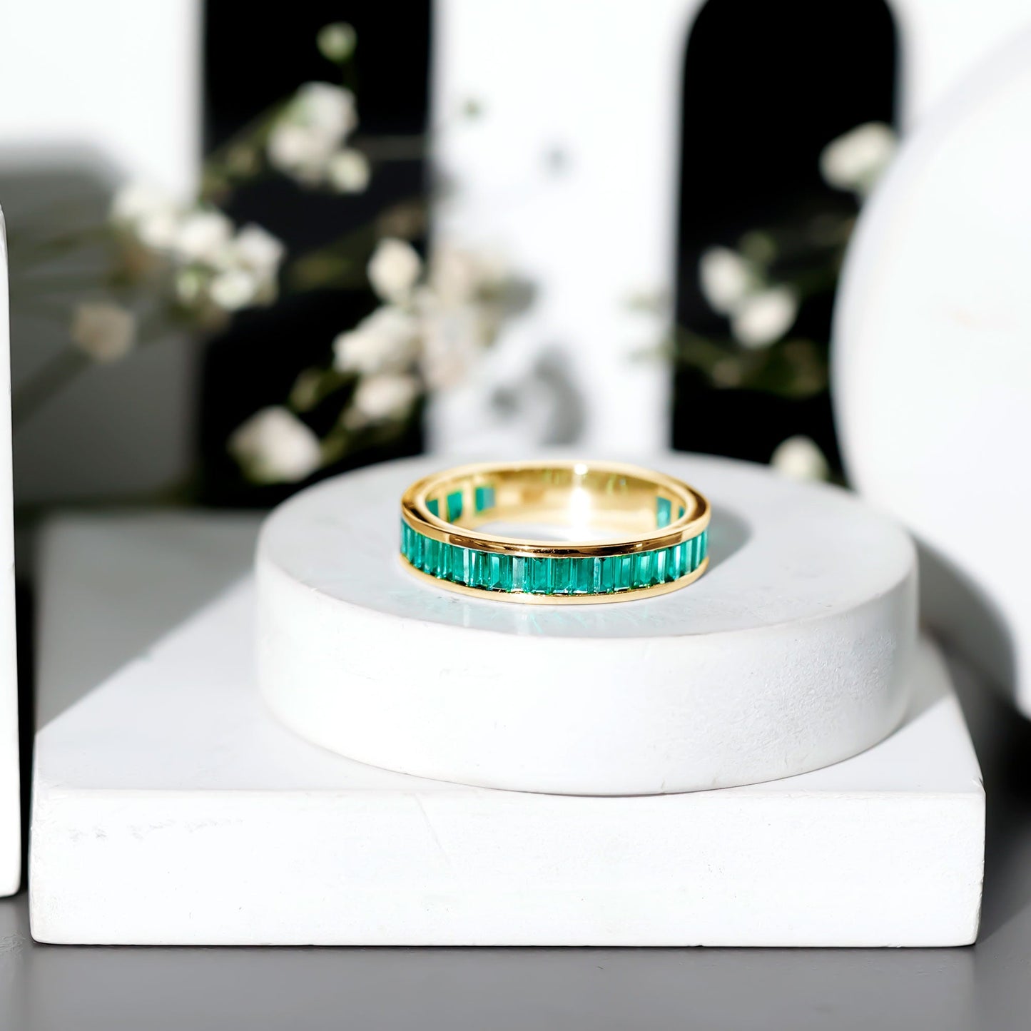 Channel Set Baguette Cut Created Emerald Eternity Band Ring