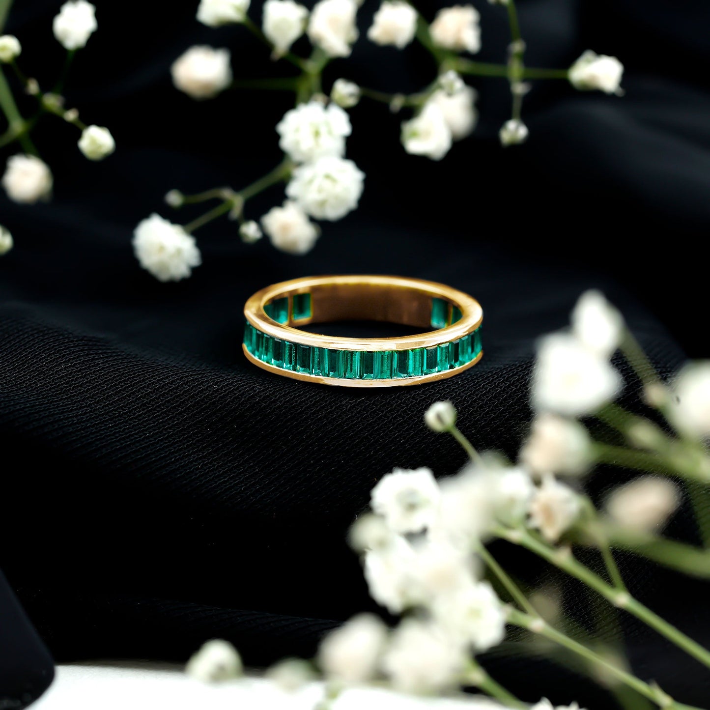 Channel Set Baguette Cut Created Emerald Eternity Band Ring