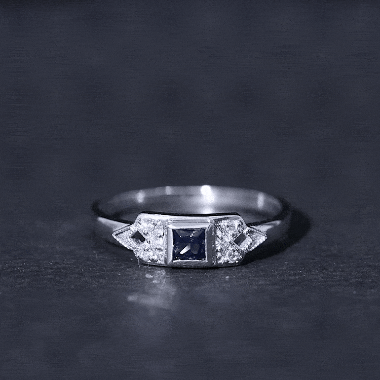 Art Deco Inspired Princess Cut Lab Grown Blue Sapphire Ring with Diamond