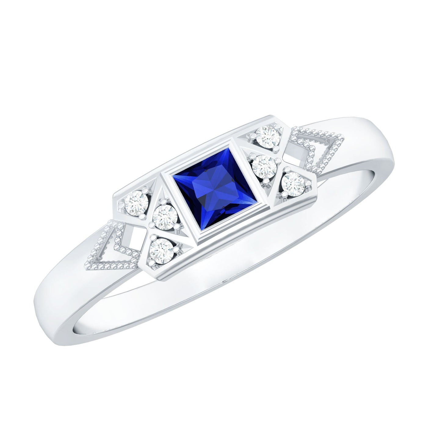 Art Deco Inspired Princess Cut Lab Grown Blue Sapphire Ring with Diamond