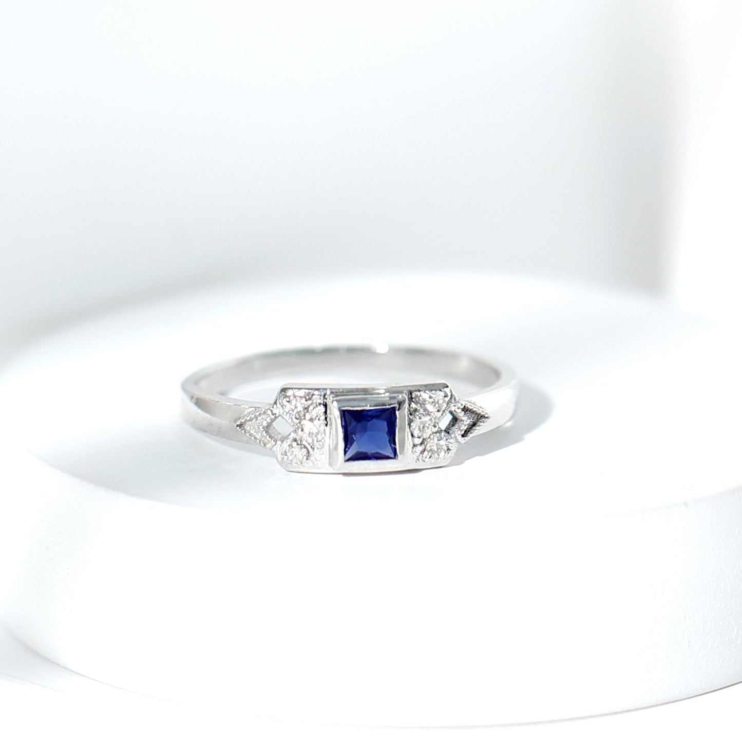 Art Deco Inspired Princess Cut Lab Grown Blue Sapphire Ring with Diamond