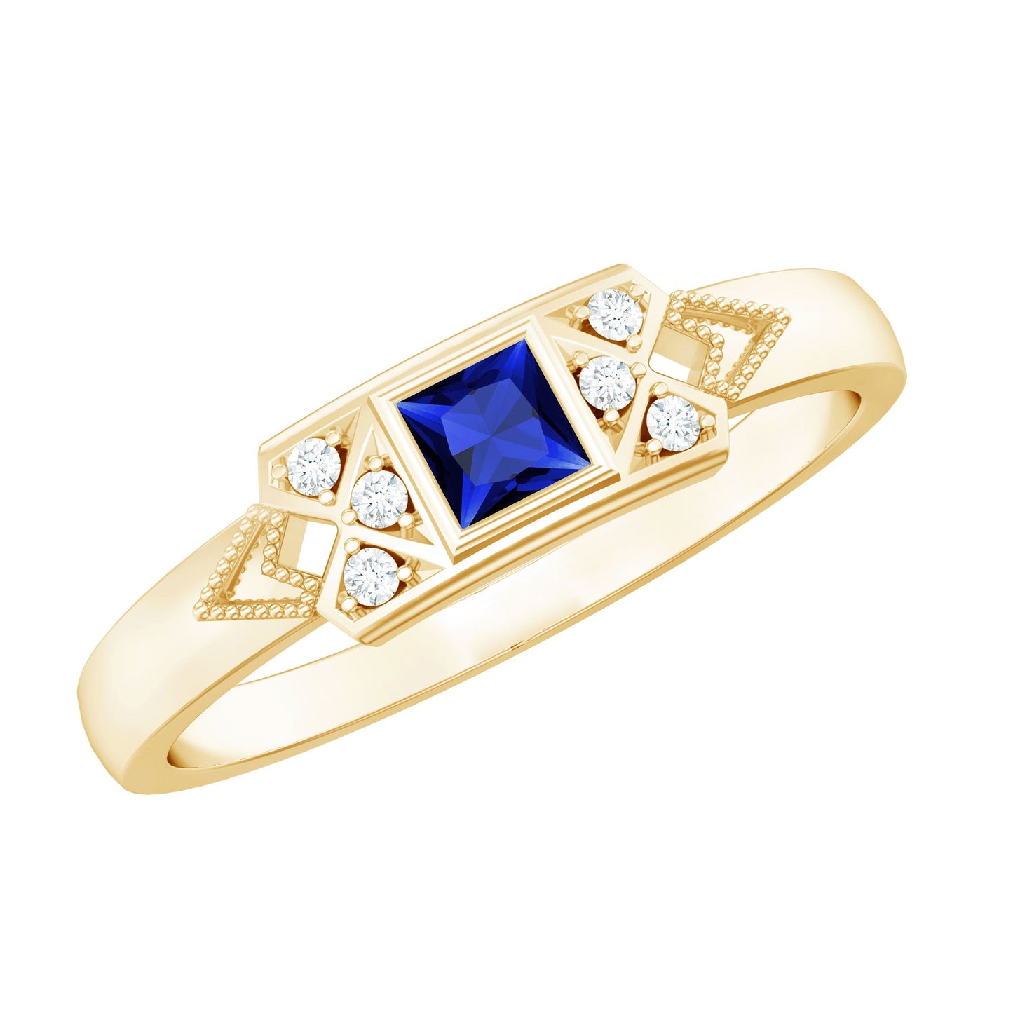 Art Deco Inspired Princess Cut Lab Grown Blue Sapphire Ring with Diamond