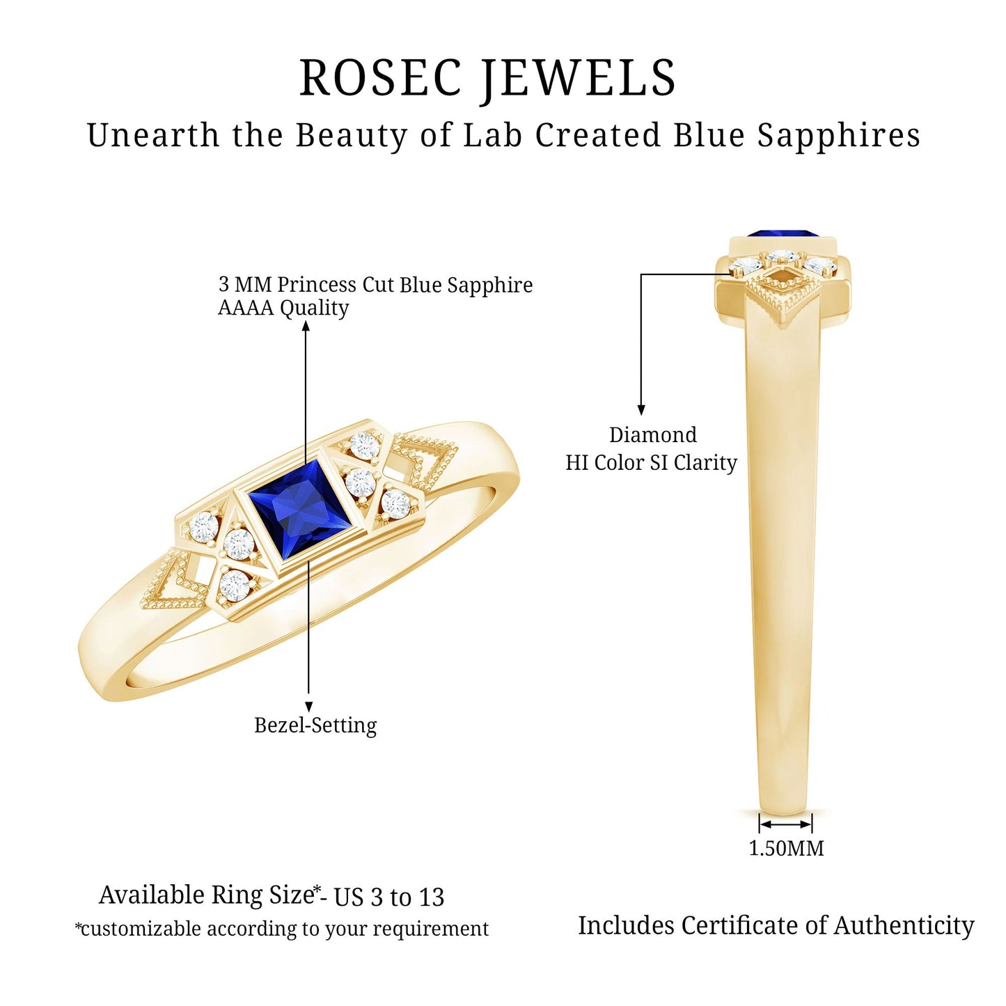 Art Deco Inspired Princess Cut Lab Grown Blue Sapphire Ring with Diamond