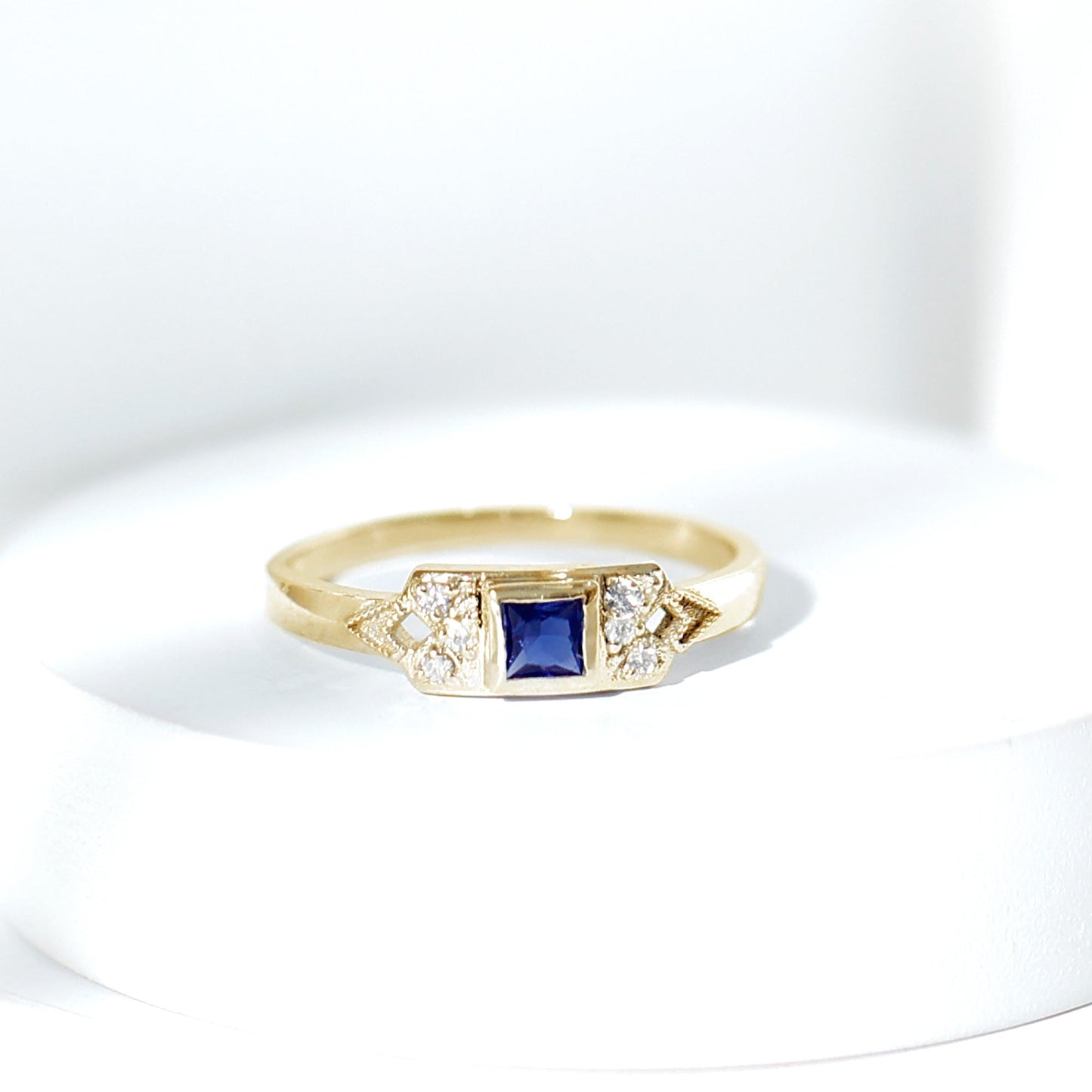 Art Deco Inspired Princess Cut Lab Grown Blue Sapphire Ring with Diamond