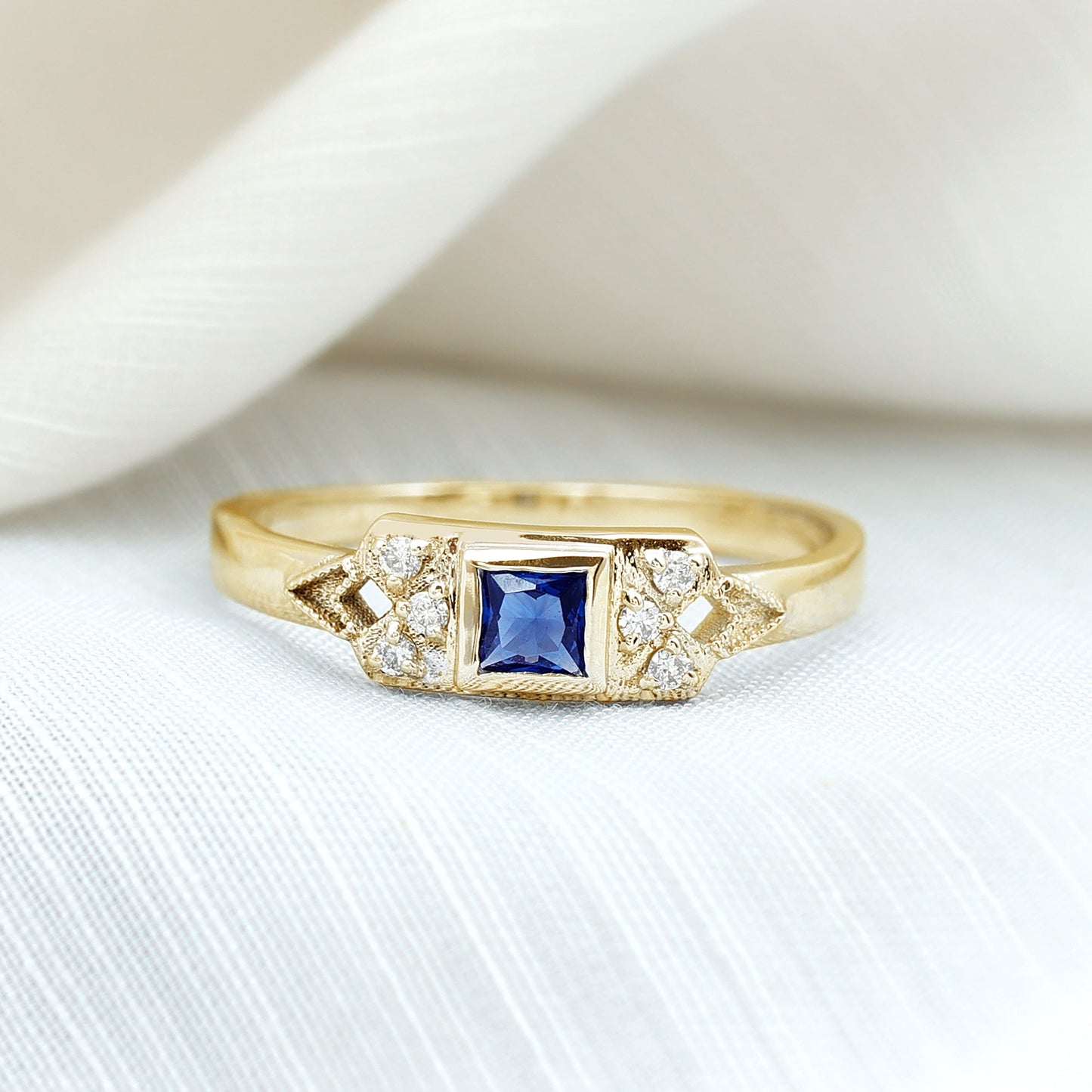 Art Deco Inspired Princess Cut Lab Grown Blue Sapphire Ring with Diamond