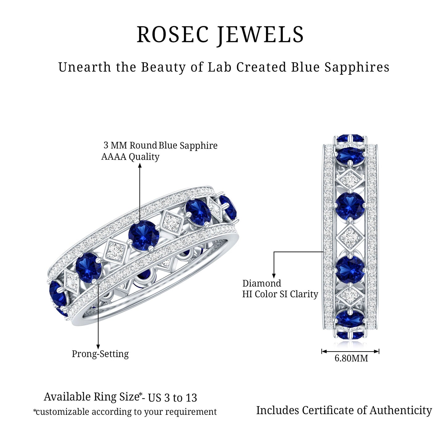 Lab Created Blue Sapphire and Diamond Full Eternity Band Ring