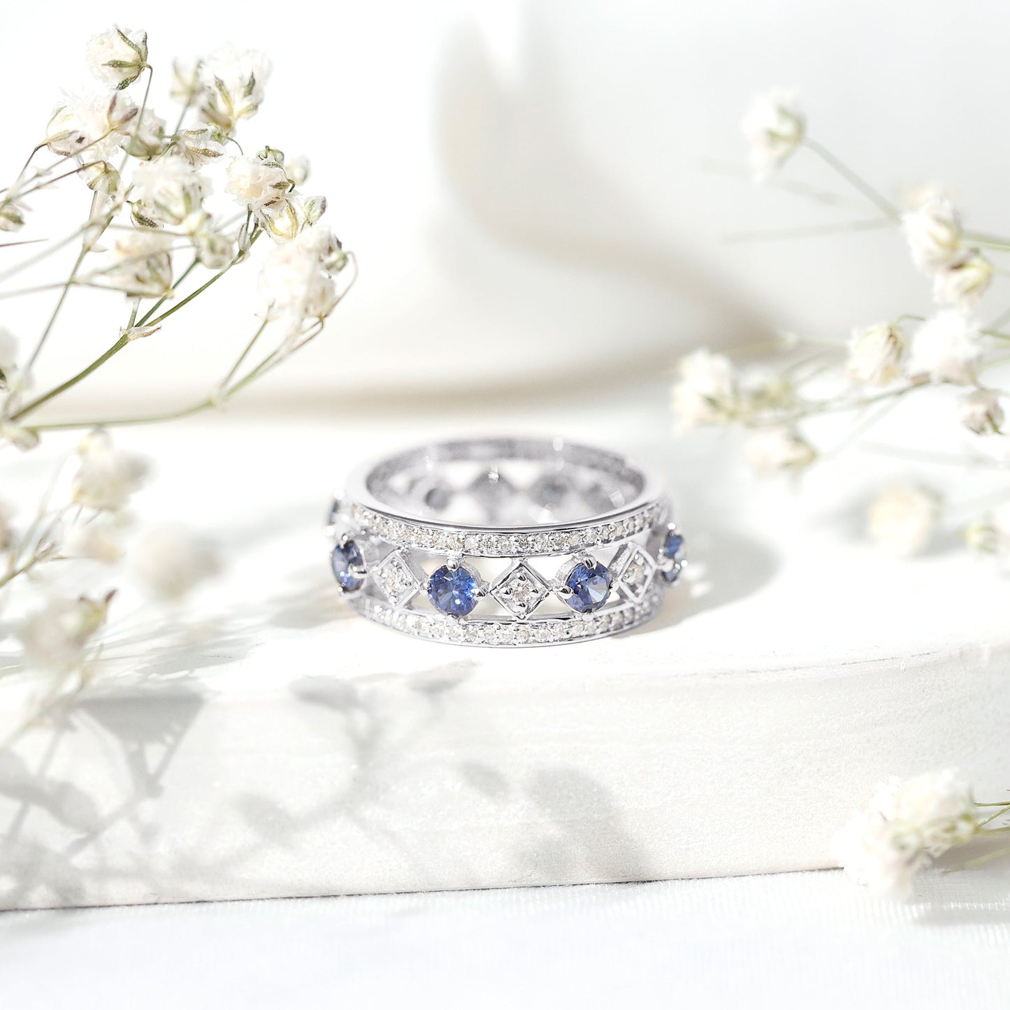 Lab Created Blue Sapphire and Diamond Full Eternity Band Ring