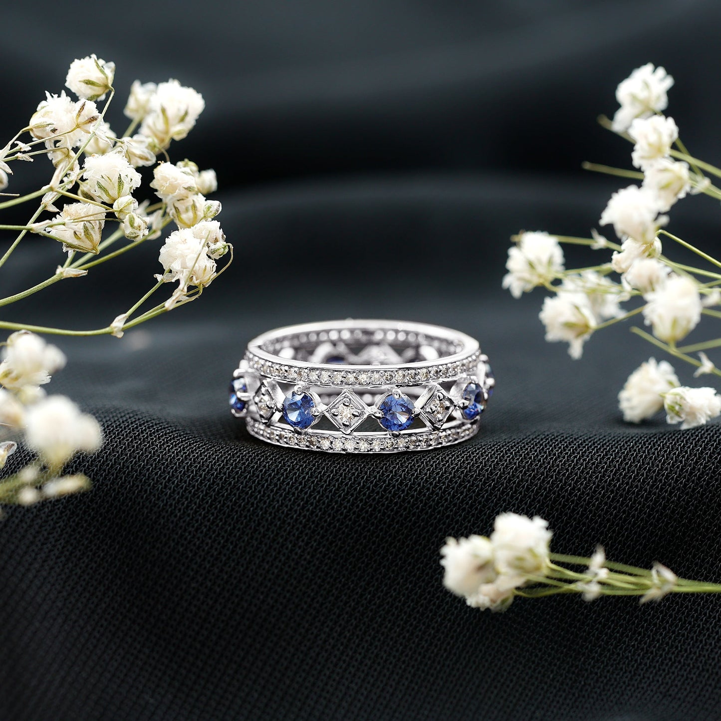 Lab Created Blue Sapphire and Diamond Full Eternity Band Ring