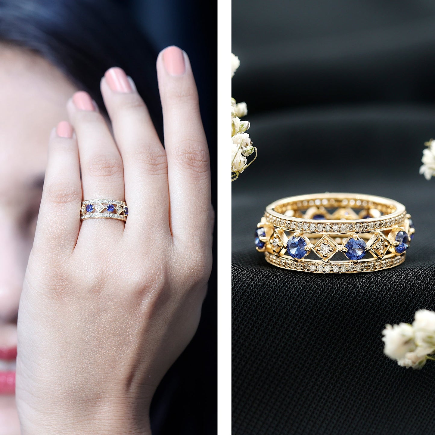 Lab Created Blue Sapphire and Diamond Full Eternity Band Ring