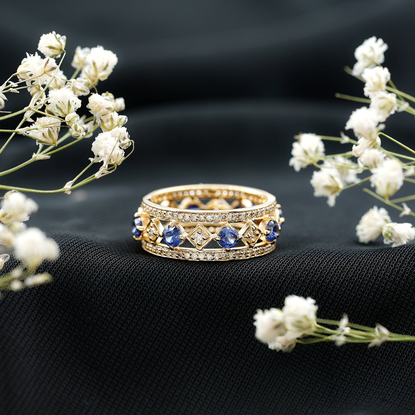 Lab Created Blue Sapphire and Diamond Full Eternity Band Ring
