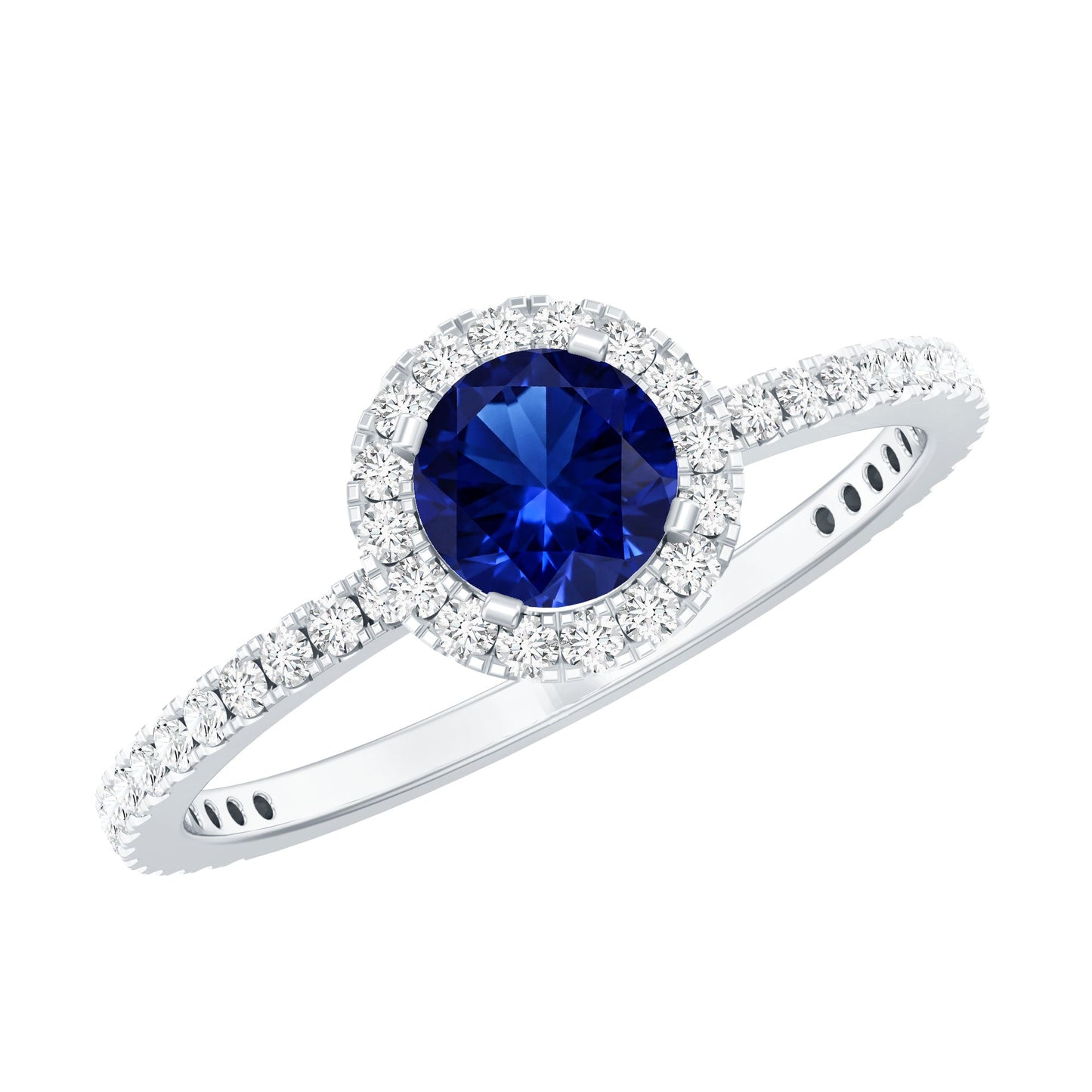 Certified 0.6 Carat Lab Grown Blue Sapphire Engagement Ring with Diamond Halo