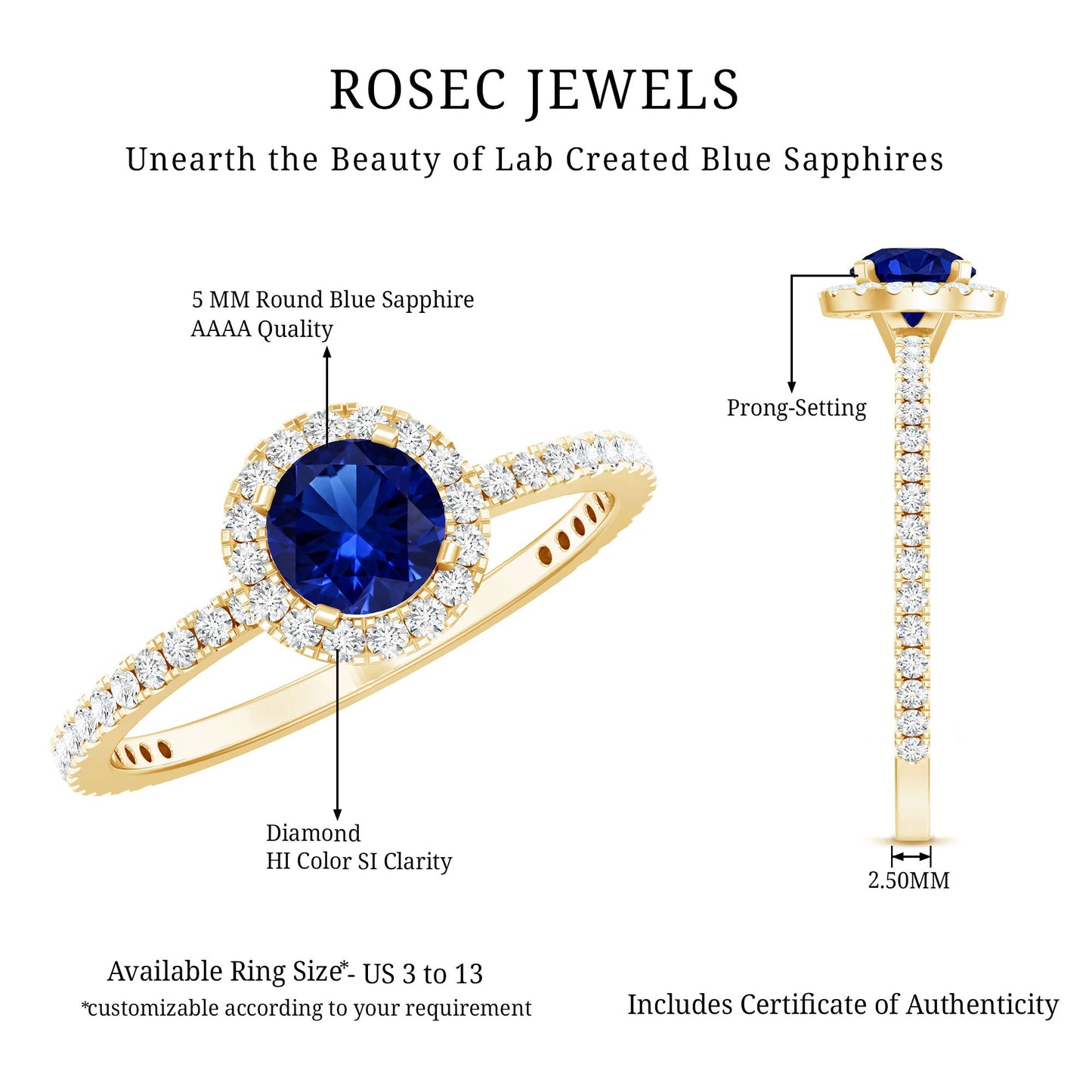 Certified 0.6 Carat Lab Grown Blue Sapphire Engagement Ring with Diamond Halo