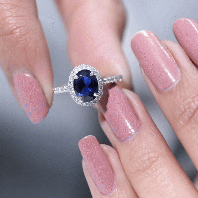 Certified 1.5 Carat Oval Lab Grown Blue Sapphire  Engagement Ring with Diamond Halo