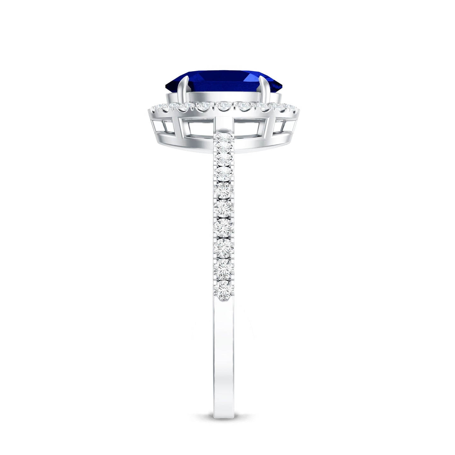 Certified 1.5 Carat Oval Lab Grown Blue Sapphire  Engagement Ring with Diamond Halo