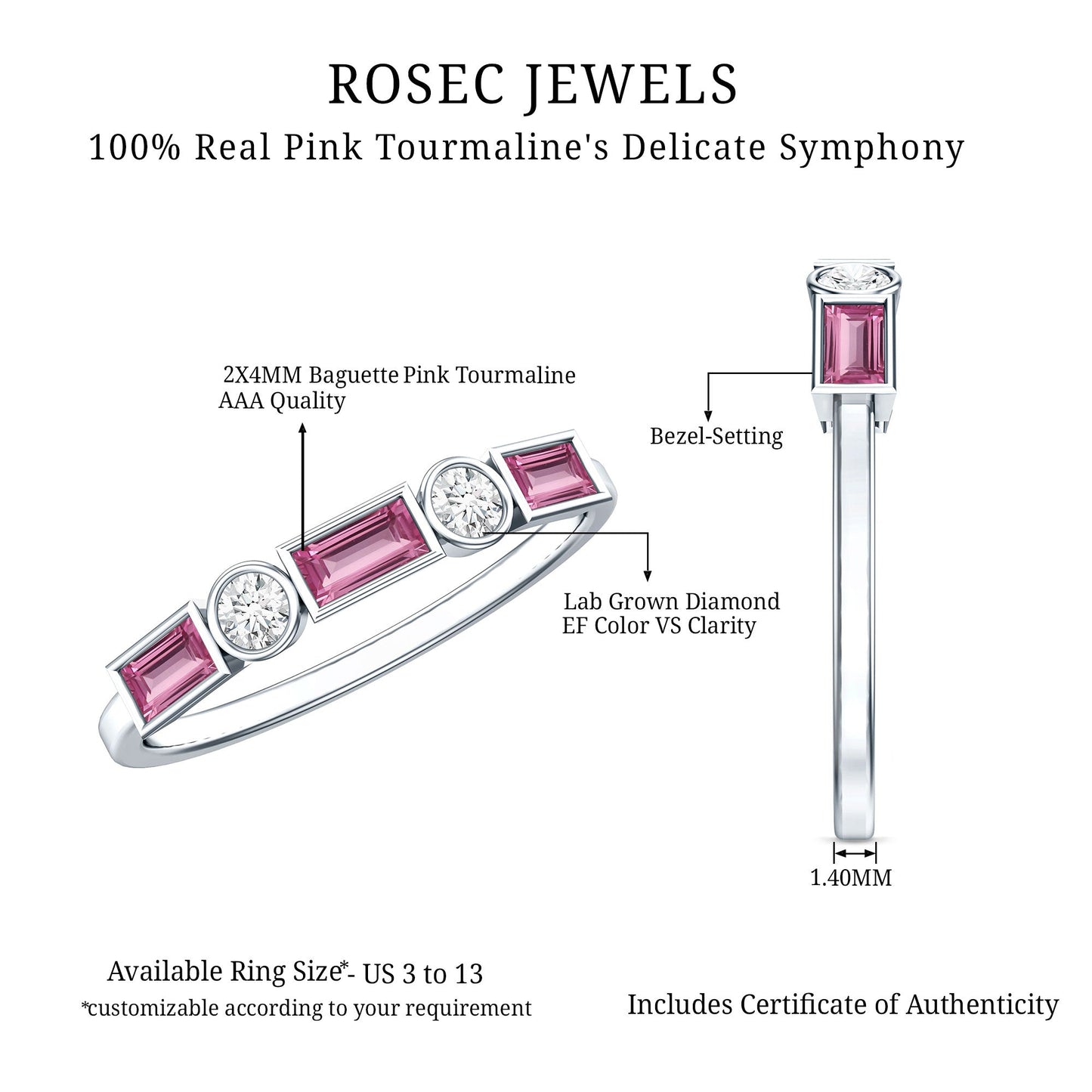 Pink Tourmaline and Diamond Stackable Ring in Bezel Setting